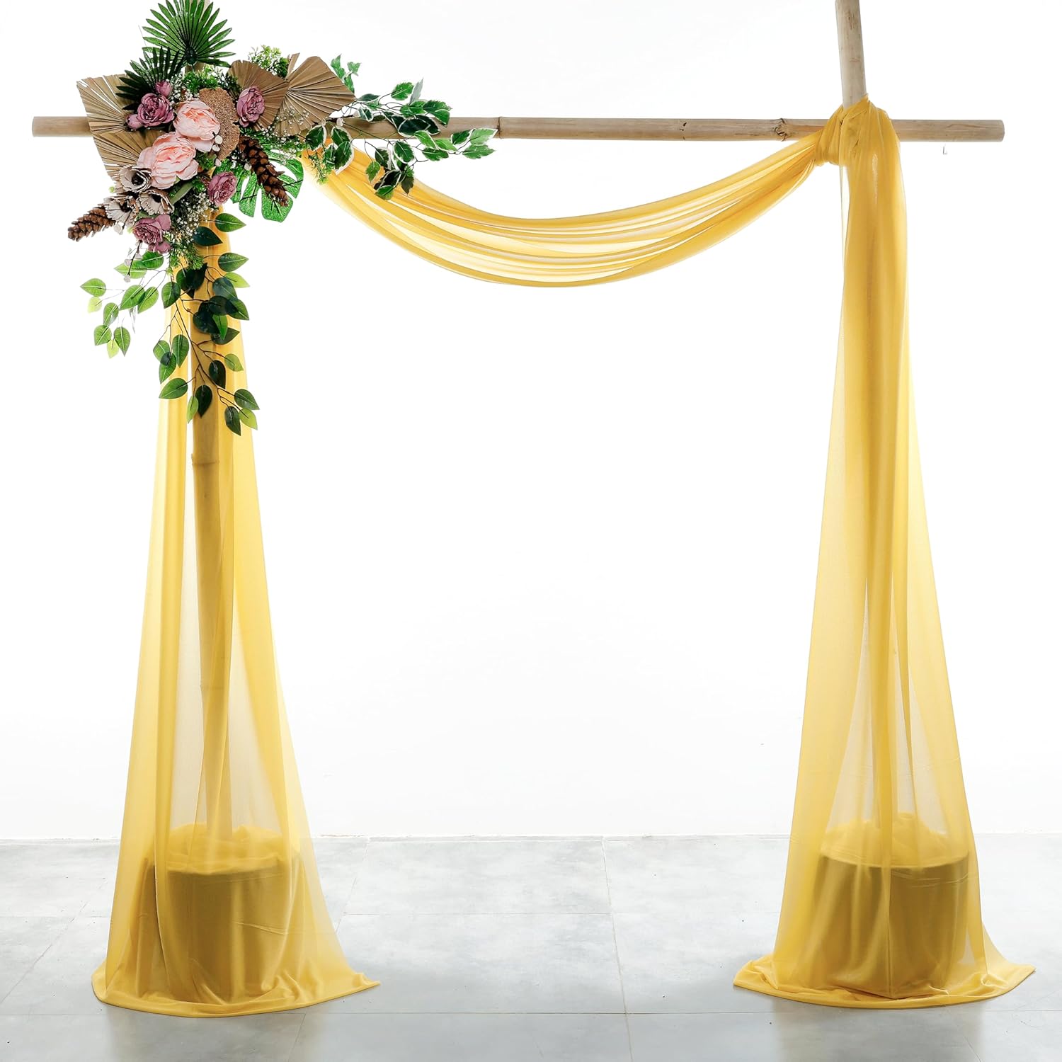 MDS Pack of 1 Wedding Arch Drape Panel (30" Width x 100ft Long) Sheer Chiffon Arbor Canopy Drapery Fabric for Wedding Ceremony Reception Decoration Party Ceiling Backdrop Curtain Swag - Gold