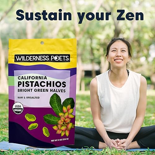 Miniatura 6 de Wilderness Poets, Pistachos orgánicos - Mitades de nuez de pistacho verde brillante, sin sal, sin cáscaras, cultivadas en California (8 onzas)