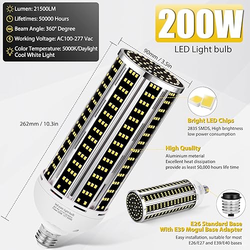 Miniatura 3 de Paquete de 4 bombillas LED de maíz de 200 W, equivalente a 2000 W, grado comercial, 30500 lúmenes, luz diurna 5000 K, E26E39, lámpara LED de base