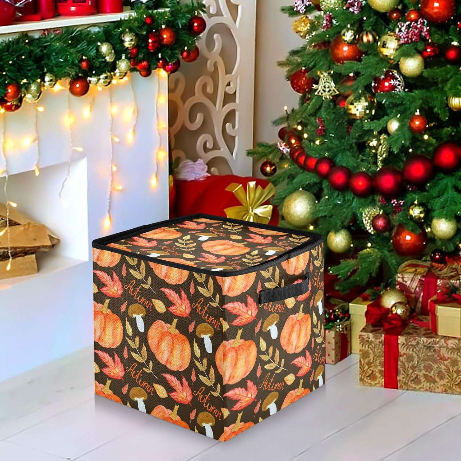 YETTASBIN Autumn Harvest Pumpkin Large Christmas Ornament Storage Box with Zipper & Adjustable Dividers, Storage Container with Lid & Handles for 64 Holiday Ornaments 3-Inch, 13 x 13 Inch
