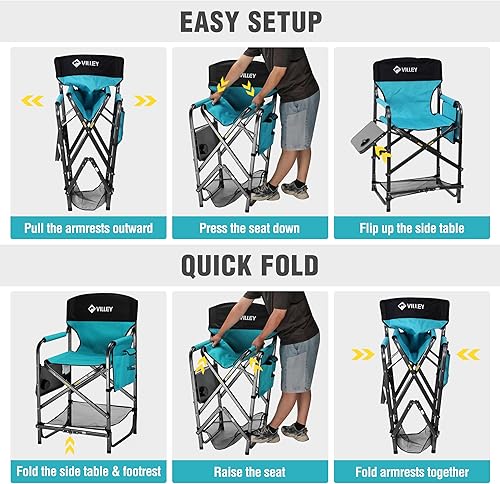 Miniatura 7 de VILLEY Silla alta para directores, sillas plegables de campamento, silla de artista de maquillaje con reposapiés, tela 900D para portón trasero,