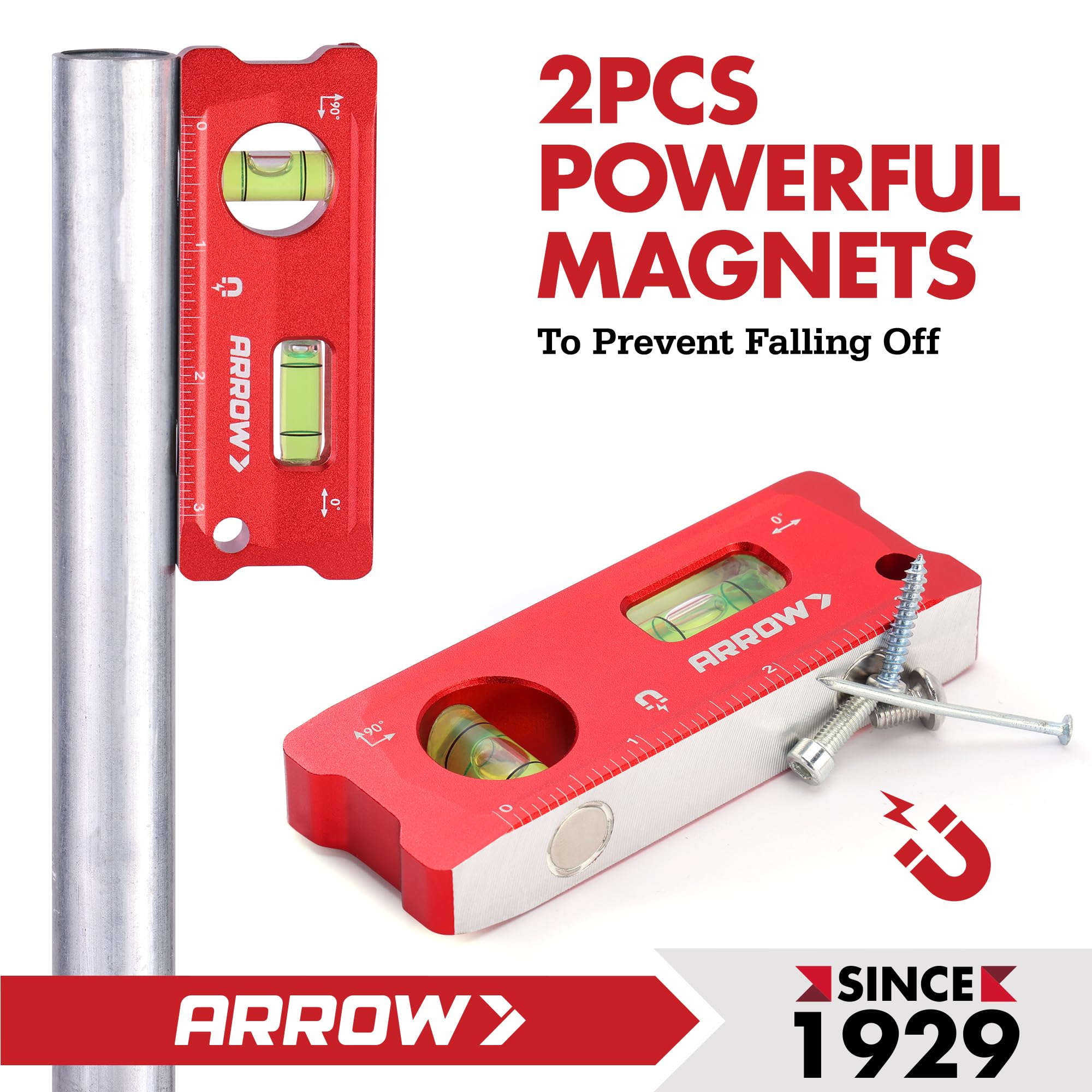 ARROW - Nivel de torpedo de 4 pulgadas, pequeña herramienta niveladora magnética con burbujas de 0°/90°, ventana de visión superior, marco de aleación de aluminio, doble SAE y escalas métricas