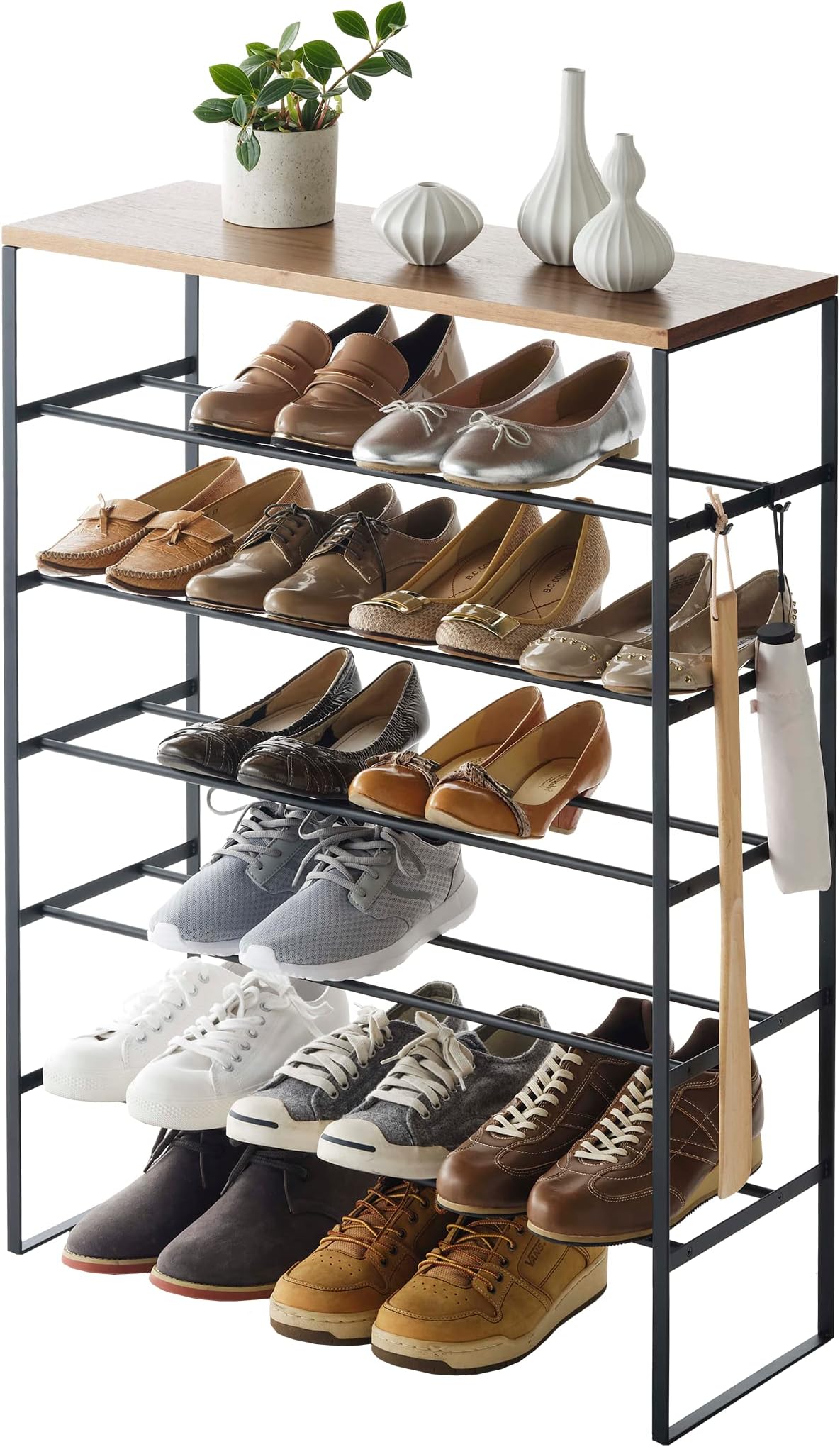 Yamazaki 3370 TOWER 6-Tiered Shoe Rack with Wooden Top Board, black, Steel/Wood, Minimalist, 66 x 25 x 87 cm