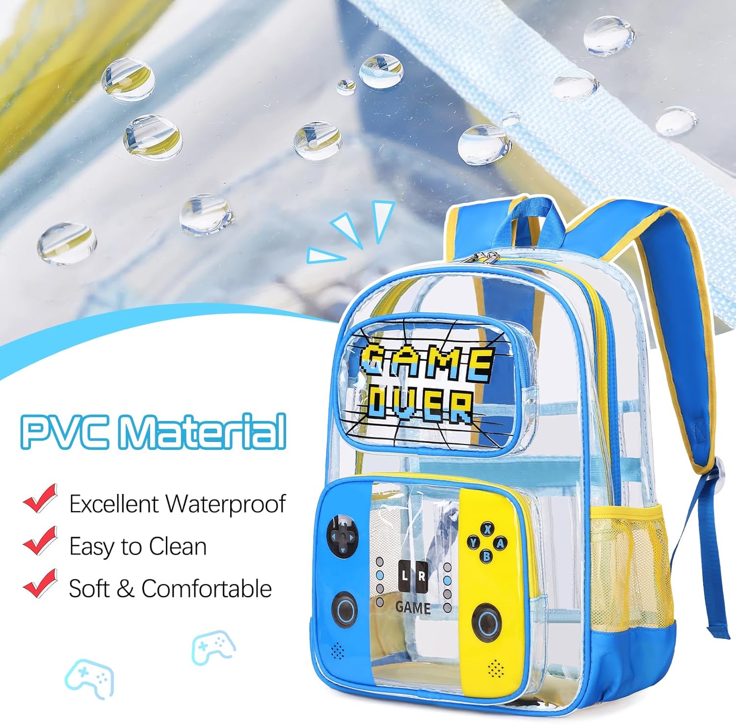 Clear Backpack for Boys, PVC Transparent Cool Luminous Gamer Backpack for Boys Girls Kids Children Teens Elementary Middle School, Clear Bookbag with Lunch Box & Pencil Case Set (Blue Yellow) - Image 6