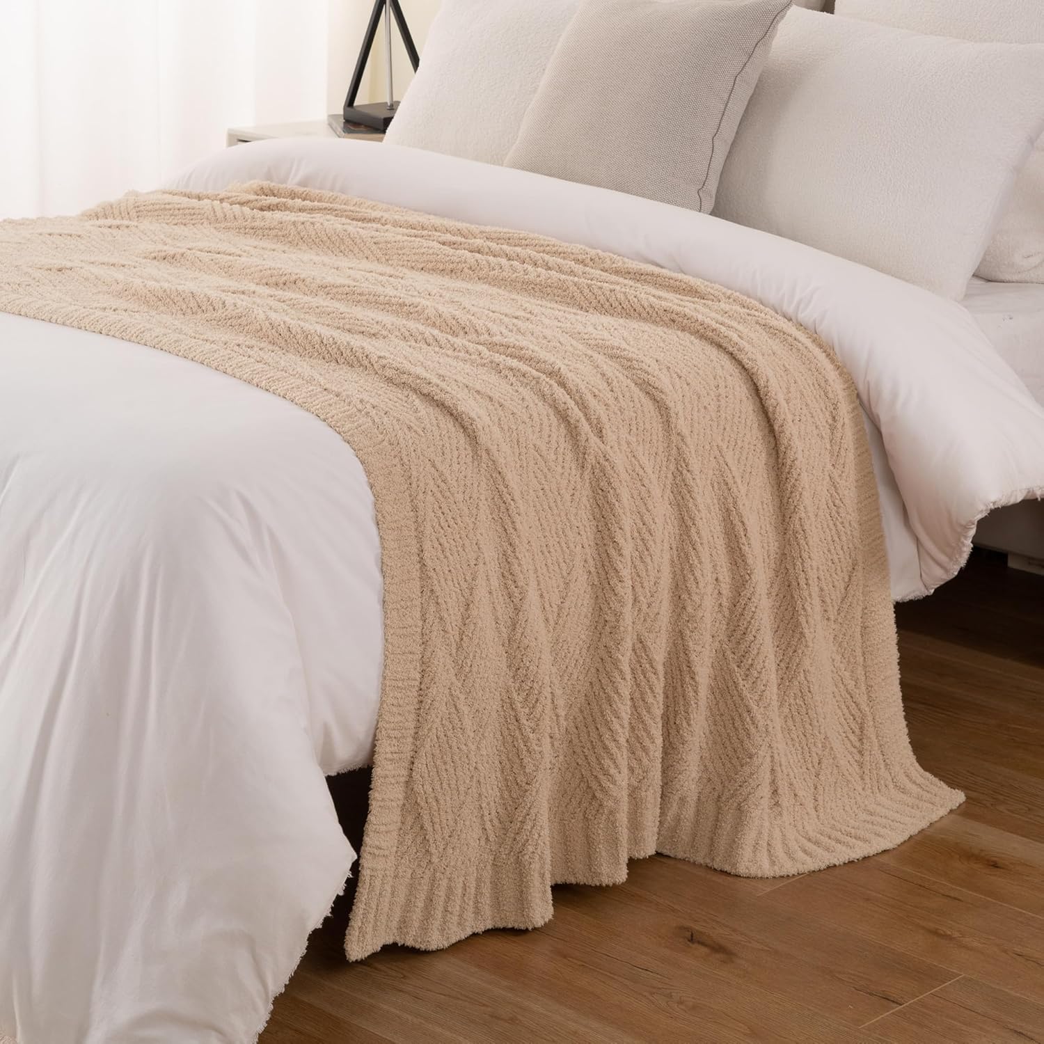Battilo Beige Chenille Throw Blanket for Couch, Soft Diamond Textured Knit Tan Blanket, Cozy Lightweight Decorative Blankets for Sofa, 50"x60"