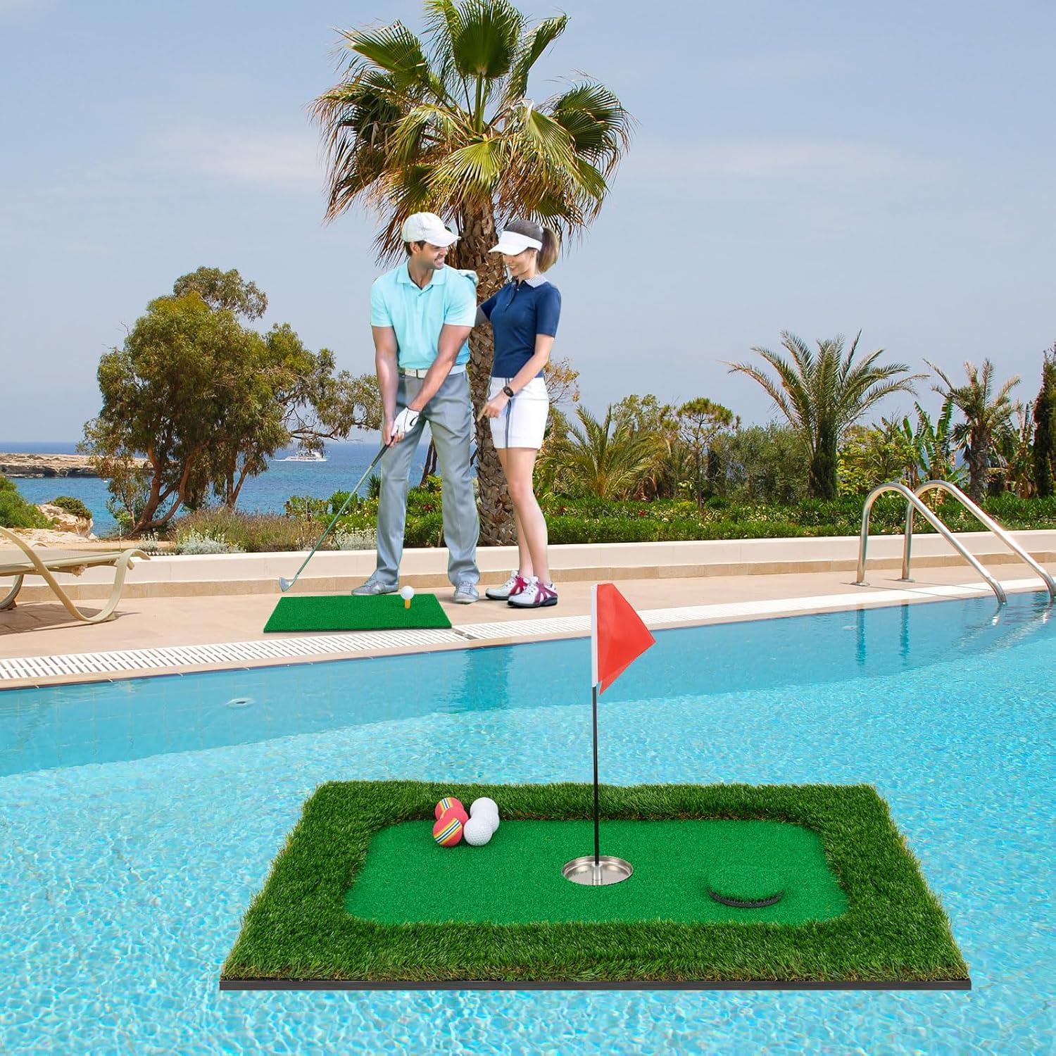 ULTIMATE Floating Golf Green for Pool, Floating Chipping Green Mat w/Hitting Mat, Golf Balls, Flag and Tee for Golf Practice, Golf Putting Mat for Golf Game