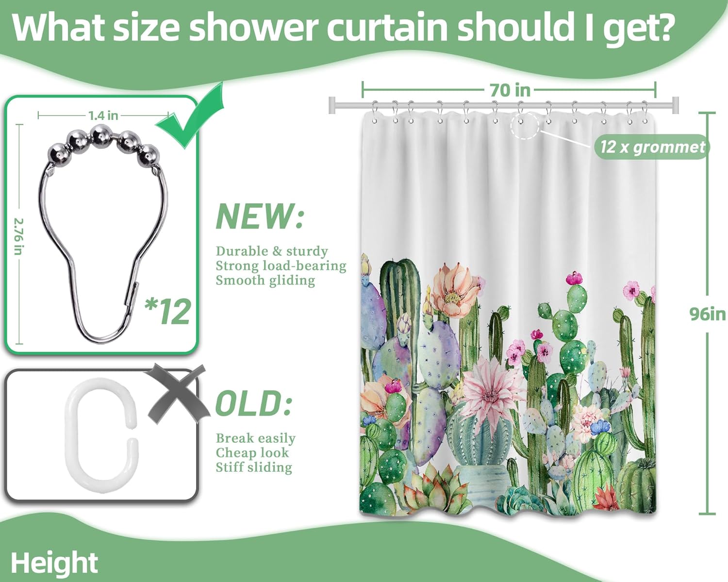 Extra Long Cactus Shower Curtain Extra Tall Succulent XL Western Desert Plant Shower Curtains for Large Bathroom Decor Sets, Waterproof Cloth Fabric with Hooks, 70x96 Inch