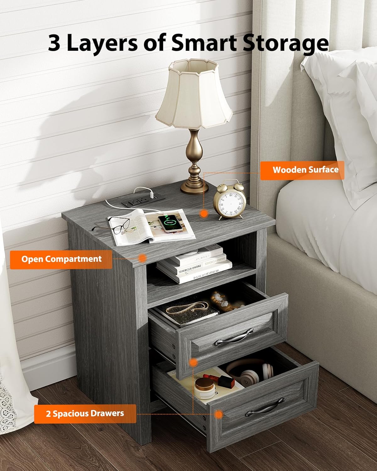 Pipishell Night Stand with Charging Station, Farmhouse Bedside Table with 2 Drawers and Open Storage, Rustic End Table with AC Outlets & Type-C Ports for Bedroom, Gray