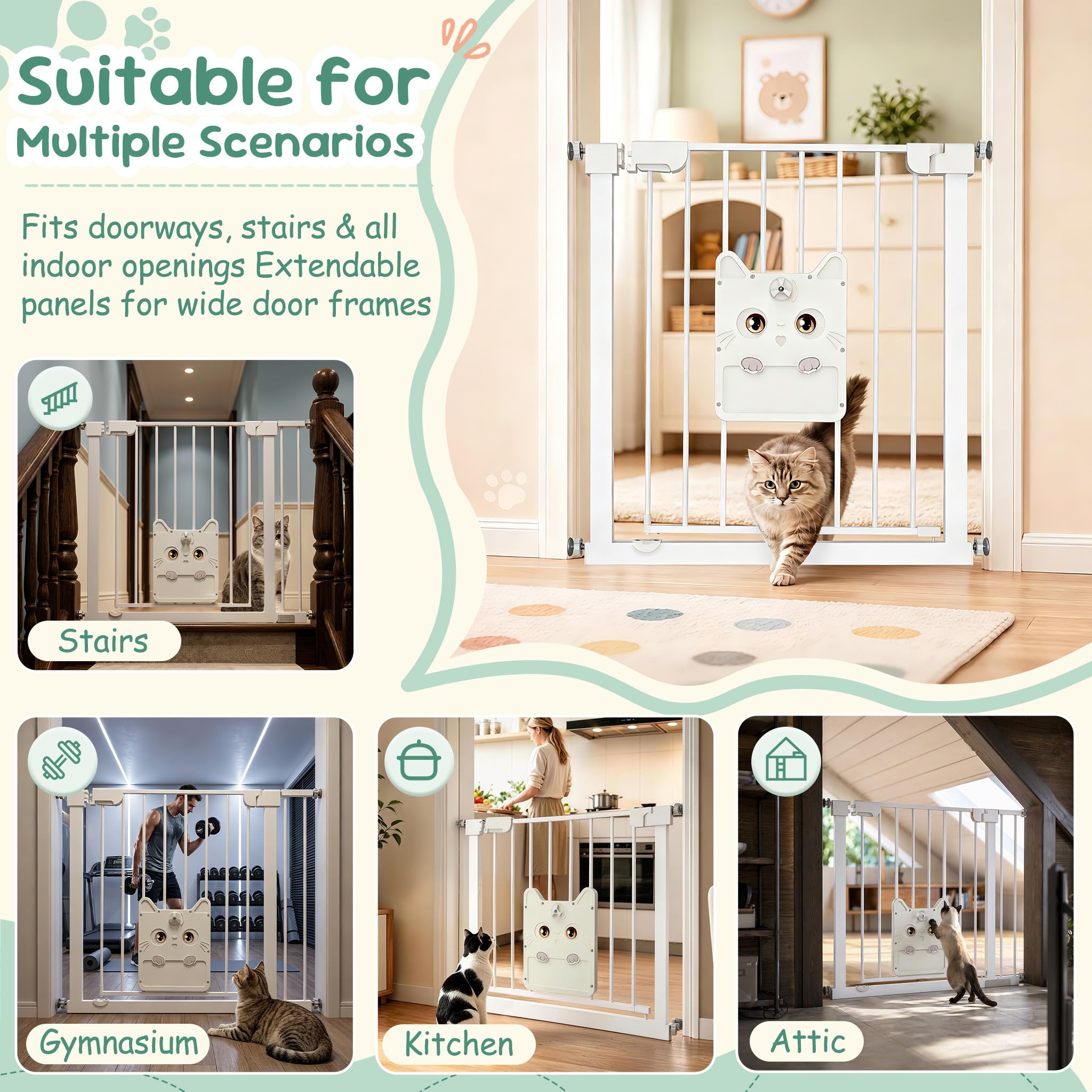 UISEBRT Türschutzgitter Treppengitter ohne Bohren mit großer Katzenklappe für Breiten 105-115 cm,180° beidseitig öffnen Autoclose Doppelschloss Metall Absperrgitter für Baby Hund Katze,Weiß