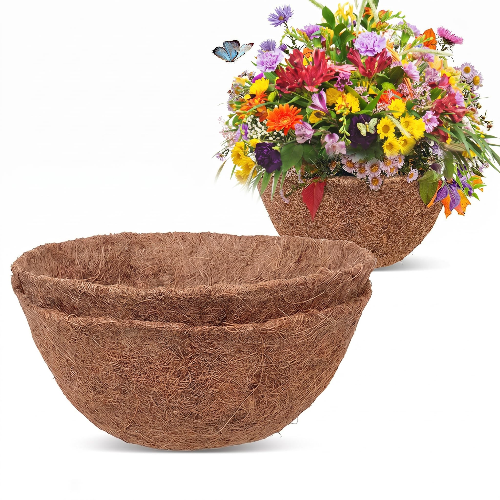 2PCS Hanging Basket Liner, Coco Fiber Liners for Hanging Baskets Plant Flower Growth, Indoor Outdoor Garden Porch Balcony Planter Wall Basket Liner Replacement (14 inch)