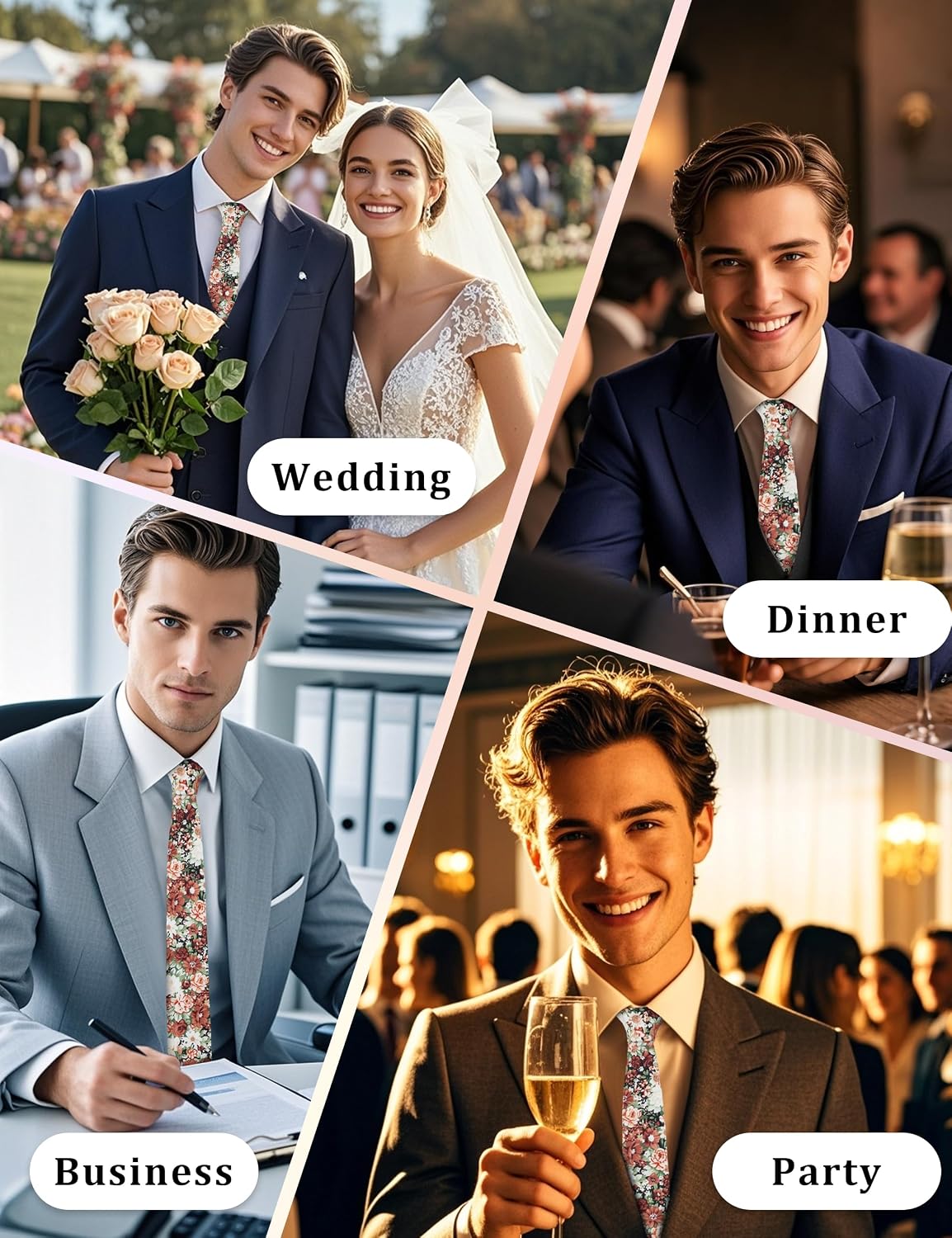 Floral Ties for Men Flower Tie and Pocket Square Set for Spring Wedding