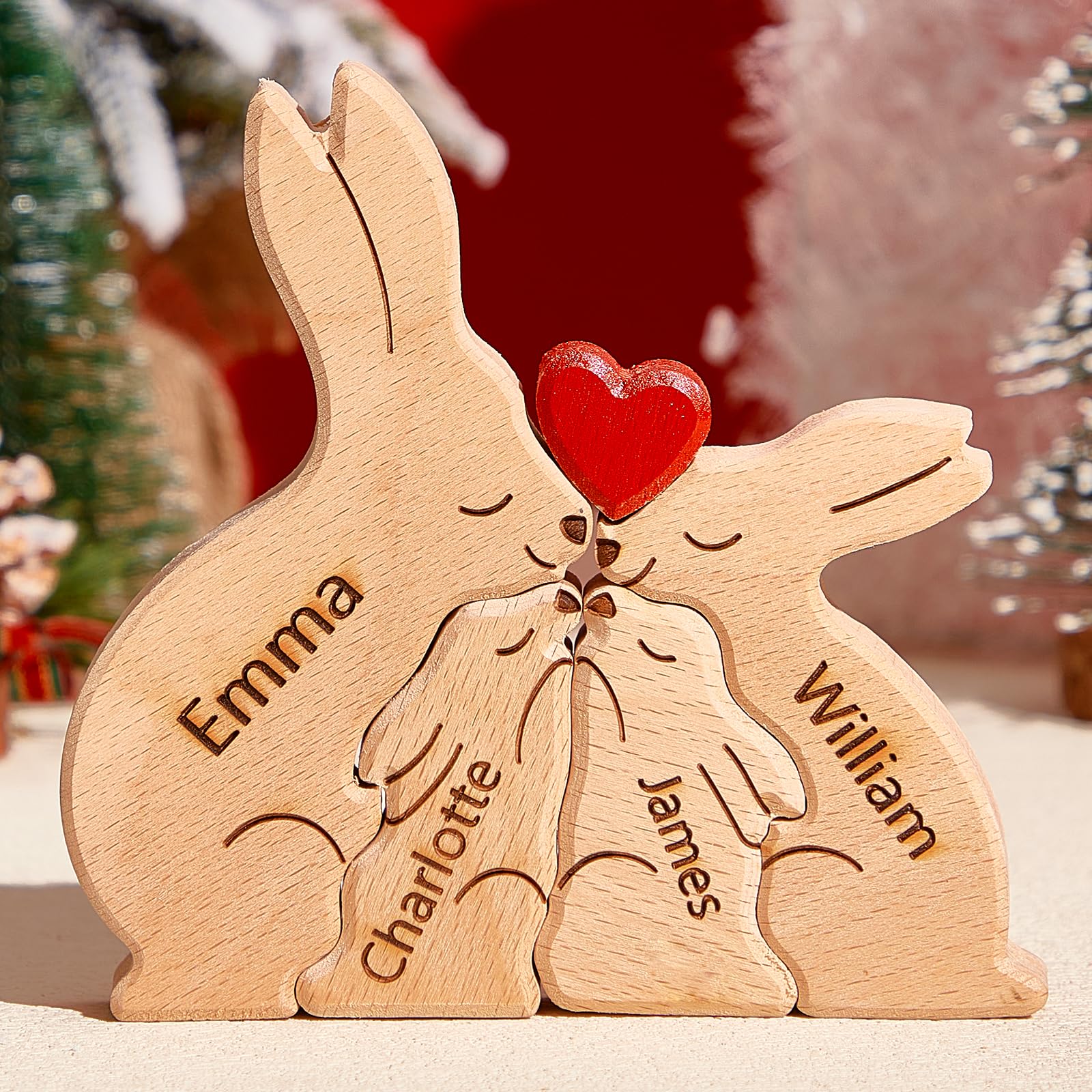 Personalised Wooden Rabbit Family Puzzle, Custom Engraved Wooden Puzzles with 2-8 Names, Home Decoration Customised Easter Birthday Spring for Girls Boys Son Daughter — image 1