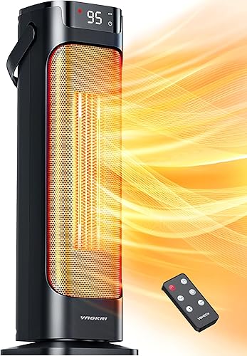 VAGKRI 24” Oscillating Ceramic Tower Space Heater，Fast Ceramic Heater with Thermostat and Remote,Portable Electric Heater with Tip-Over & Overheating Protection, 3 Modes for Bedroom, Office Black
