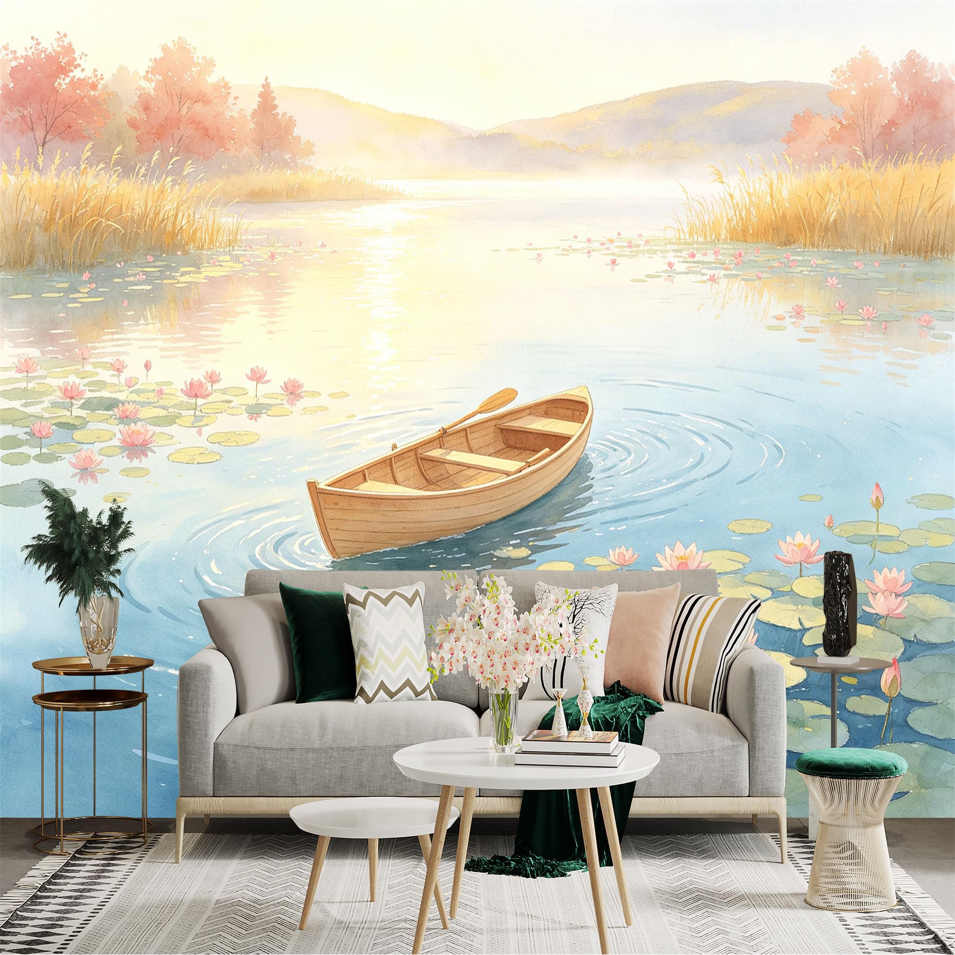 Custom Size Wall Sticker Mural， Wooden Boat on Calm Water， Watercolor Lotus Pond， Peaceful Sunset Scenery， for wall Decoration， peelandstick wall Decals.