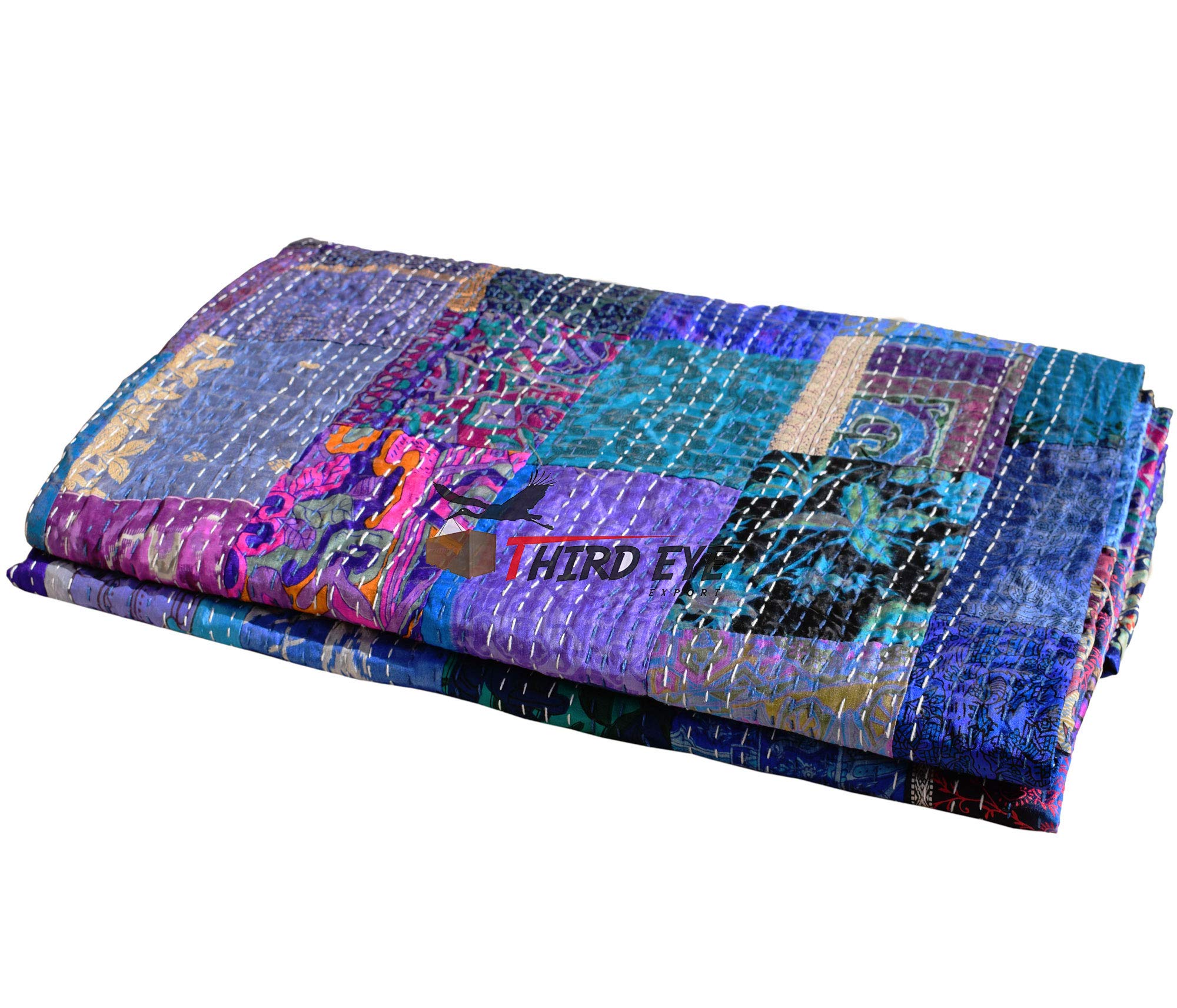 Third Eye Export Indian Queen Size Patchwork Silk Kantha Quilt 90x108 Inch Bedcover Silk Patola Quilt Throw Blanket (Blue)