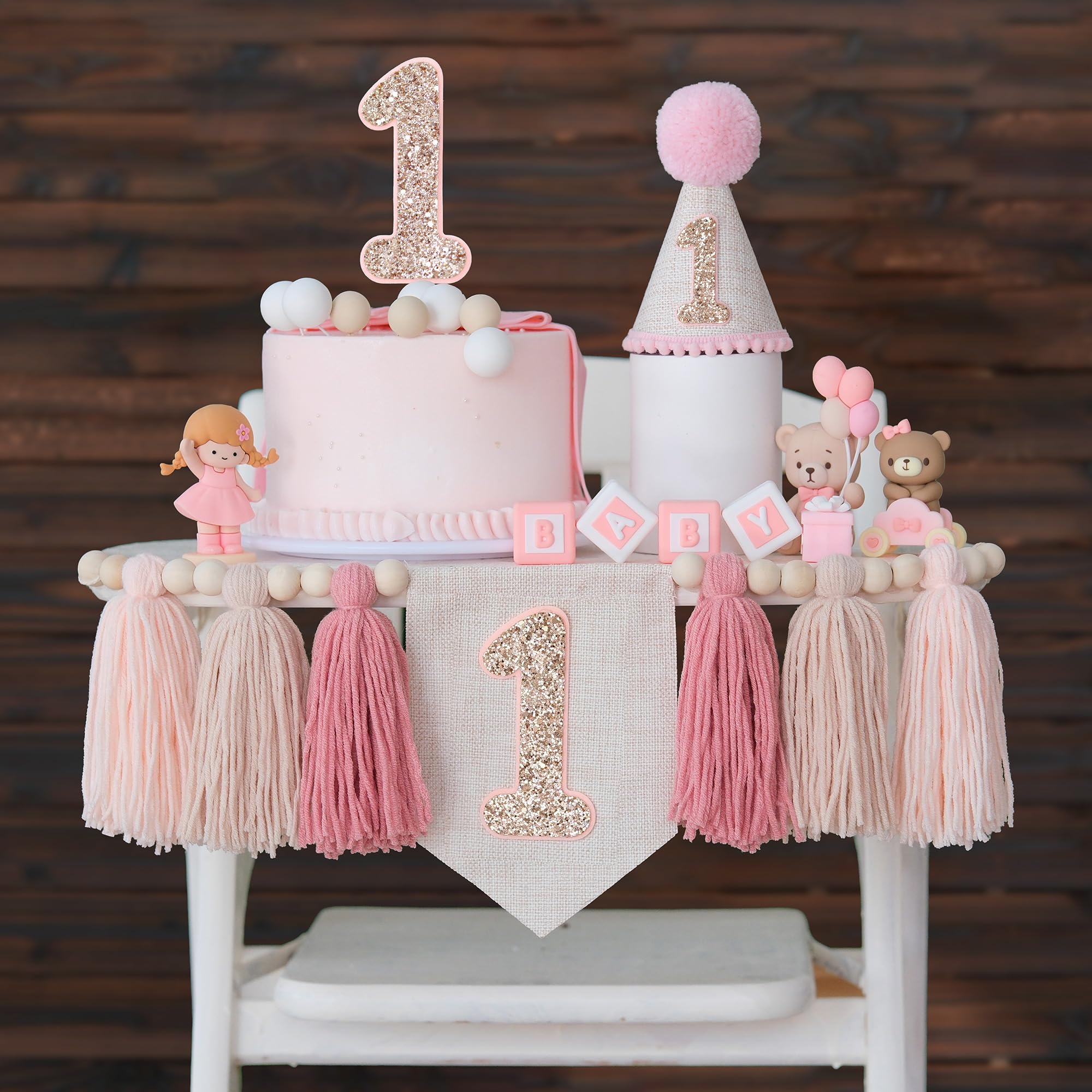 Pink 1st Birthday Decoration High Chair Banner for Girl 1st Birthday Crown Cake Topper First Party Decorations