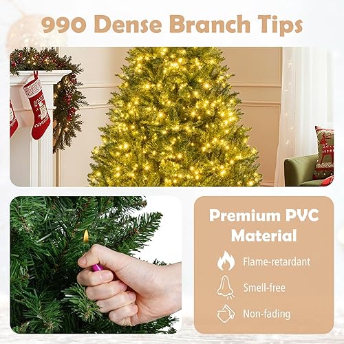 Miniatura 200 de Goplus - Árbol de Navidad artificial preiluminado de 9 pies, pino nevado articulado de PVC de alta calidad con base metálica y luces LED, decoración