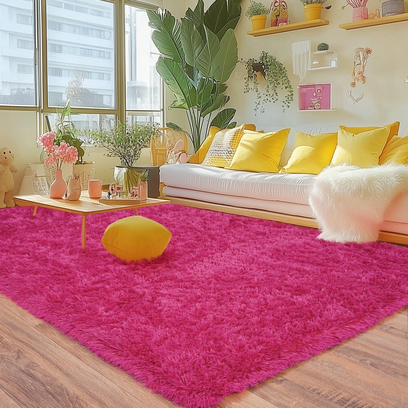 Super Soft Fluffy Rug for Living Room Bedroom, Large Comfy Modern Shaggy Fuzzy Kids Plush Indoor Nursery Classroom Home Decor Bedside Rug with Non-Slip Bottom, Hot Pink, 6 X 9 Feet