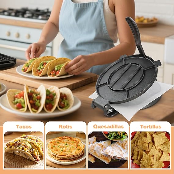Cast Iron Tortilla Press 10 inch, Heavy Duty Tortilla Pataconera | Large Flour Tortillas Taco Press, Roti Maker with Some Parchment Paper for Homemade Tortillas, Rotis, Quesadillas, Empanadas