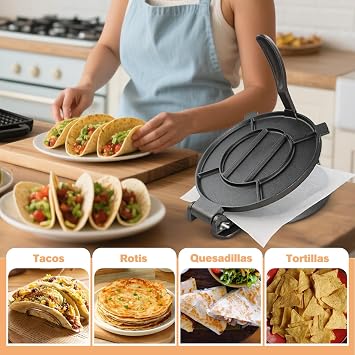 Cast Iron Tortilla Press 10 inch, Heavy Duty Tortilla Pataconera | Large Flour Tortillas Taco Press, Roti Maker with Some Parchment Paper for Homemade Tortillas, Rotis, Quesadillas, Empanadas