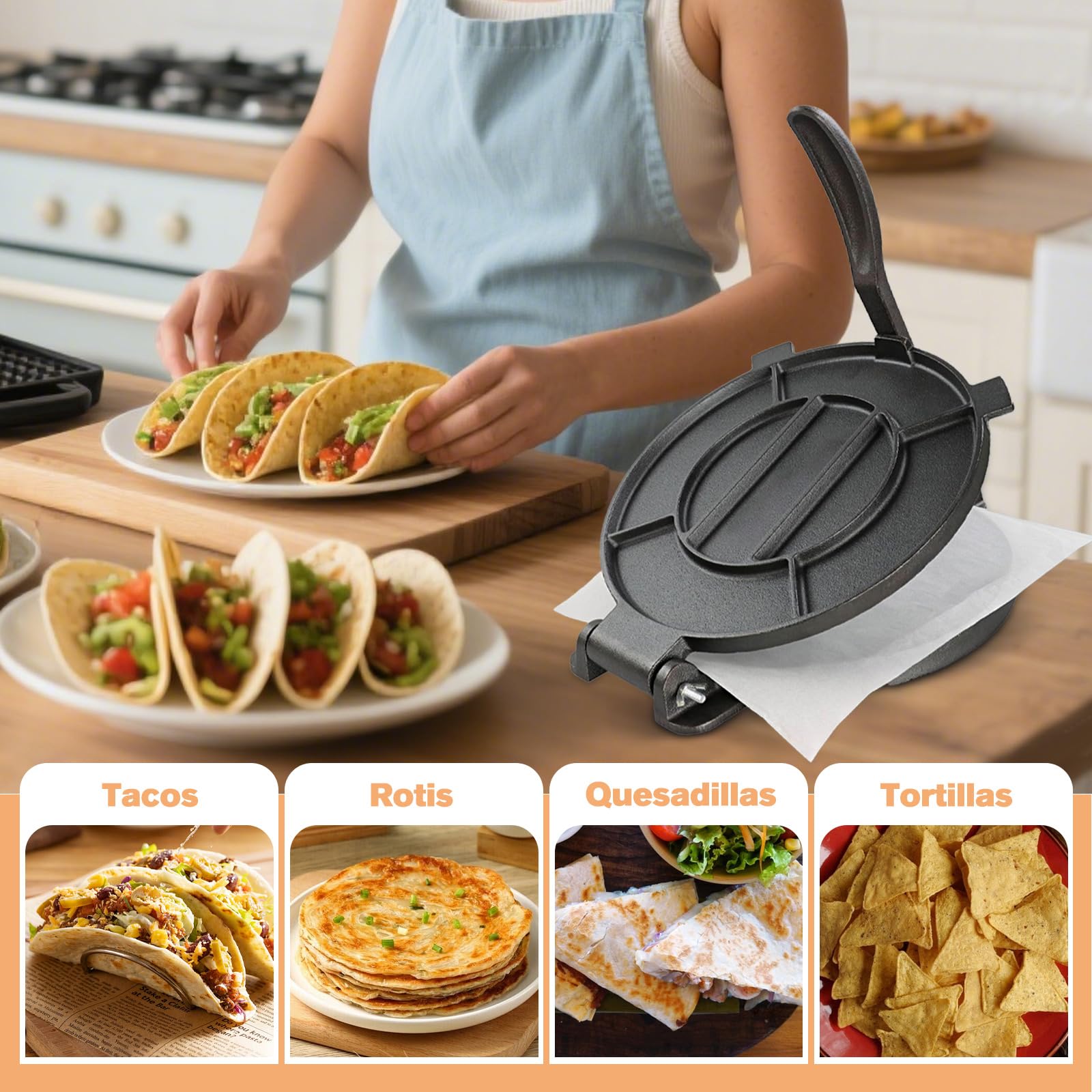 Tortilla Presse - Gusseisen Tortilla Presse, Roti Maker, Pre-Seasoned Tortilla Maker, Heavy- Duty Taco Presse, Justierbare Tortilla Press für hausgemachte Tortillas, Schwarz (20cm)