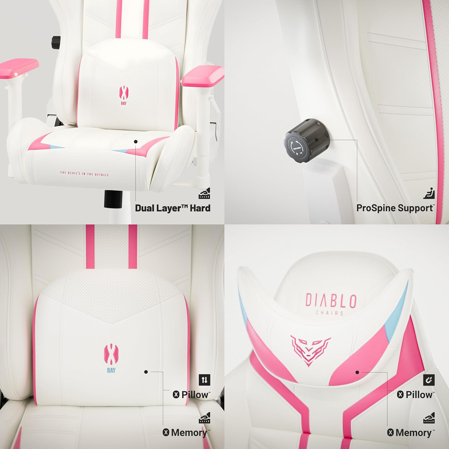 Падрабязны view of ergonomic features: Dual Layer seat, ProSpine Support, magnetic headrest