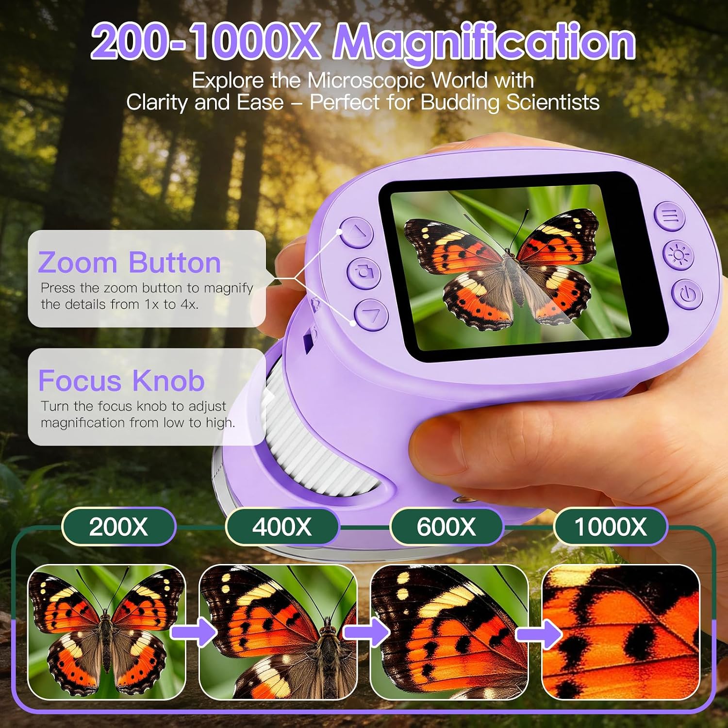 4K 1000X Handheld Digital Microscope for Kids with 2.0" IPS Screen(Purple) image 2