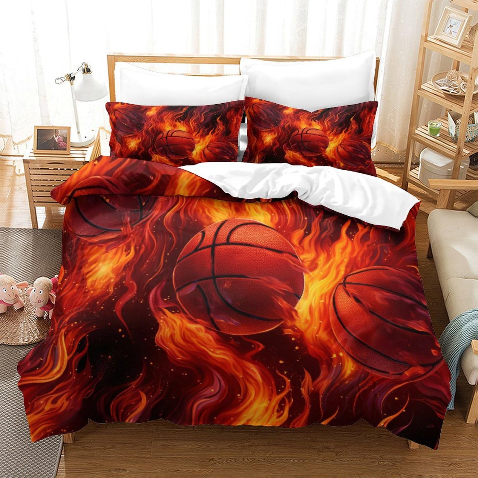 HONGBING Basketball Duvet Cover for Boys Girls Quilt Cover 3D Printed Sports Comforter Covers with Pillow Cases Bedding Set Soft Microfiber with Zipper Closure 3 Pieces Super King（260x220cm）