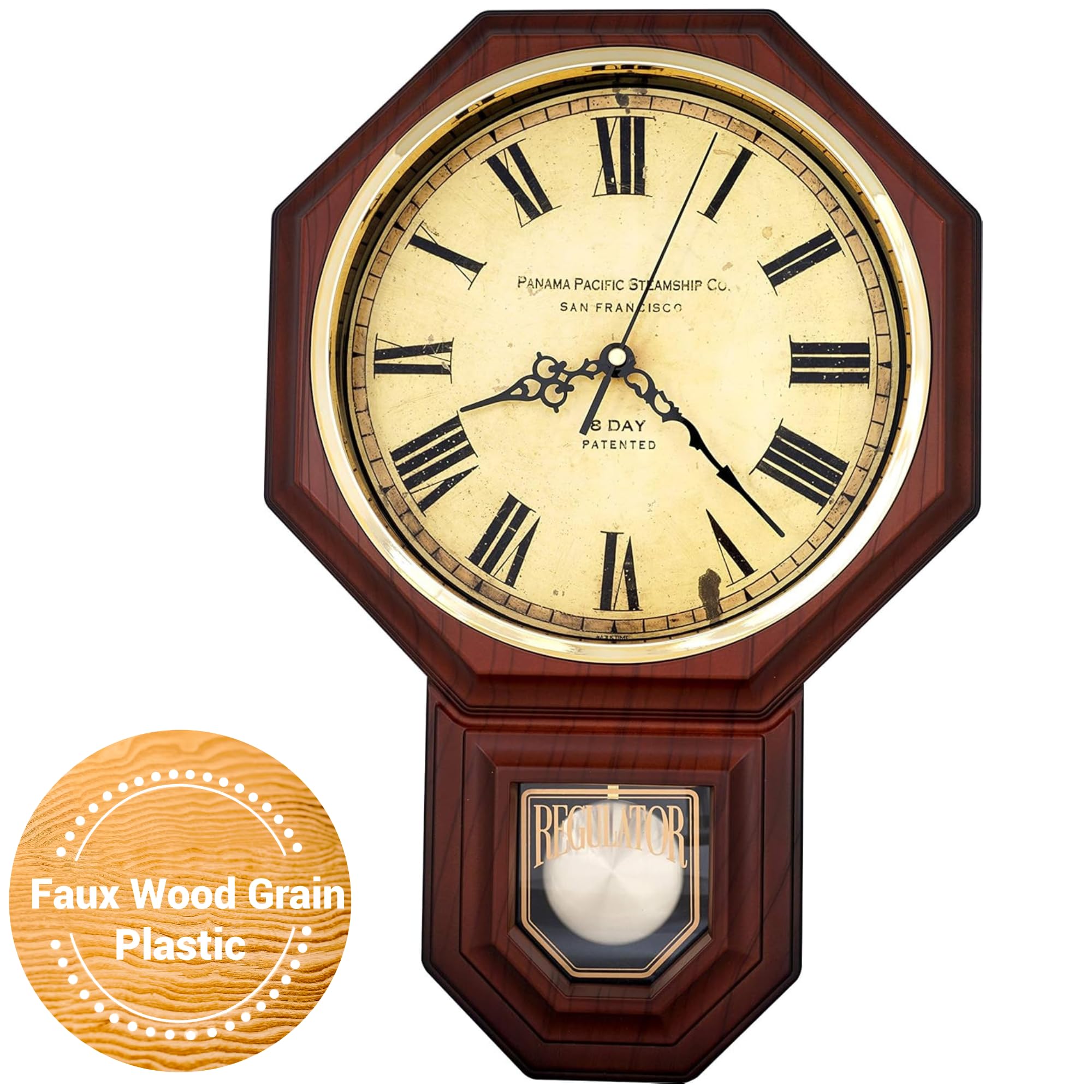 JUSTIME Traditional Schoolhouse Classic Vintage Roman Regulator Wall Clock, Chiming Wall Clocks with Pendulum & Westminster Chime Hourly, Schoolhouse Wall Decor Battery Operated (Dark Wood Grain)
