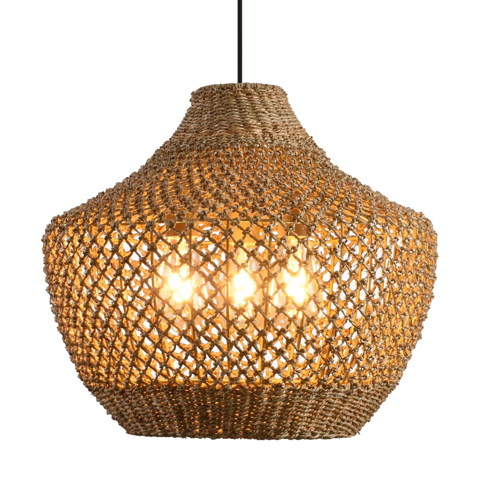 Teru Ji Kaikang 18.9" Rattan Pendant Light Fixtures,Boho Rattan Pendant Light 3-Light Hand Woven Seagrass Chandelier for Workplace Occasions