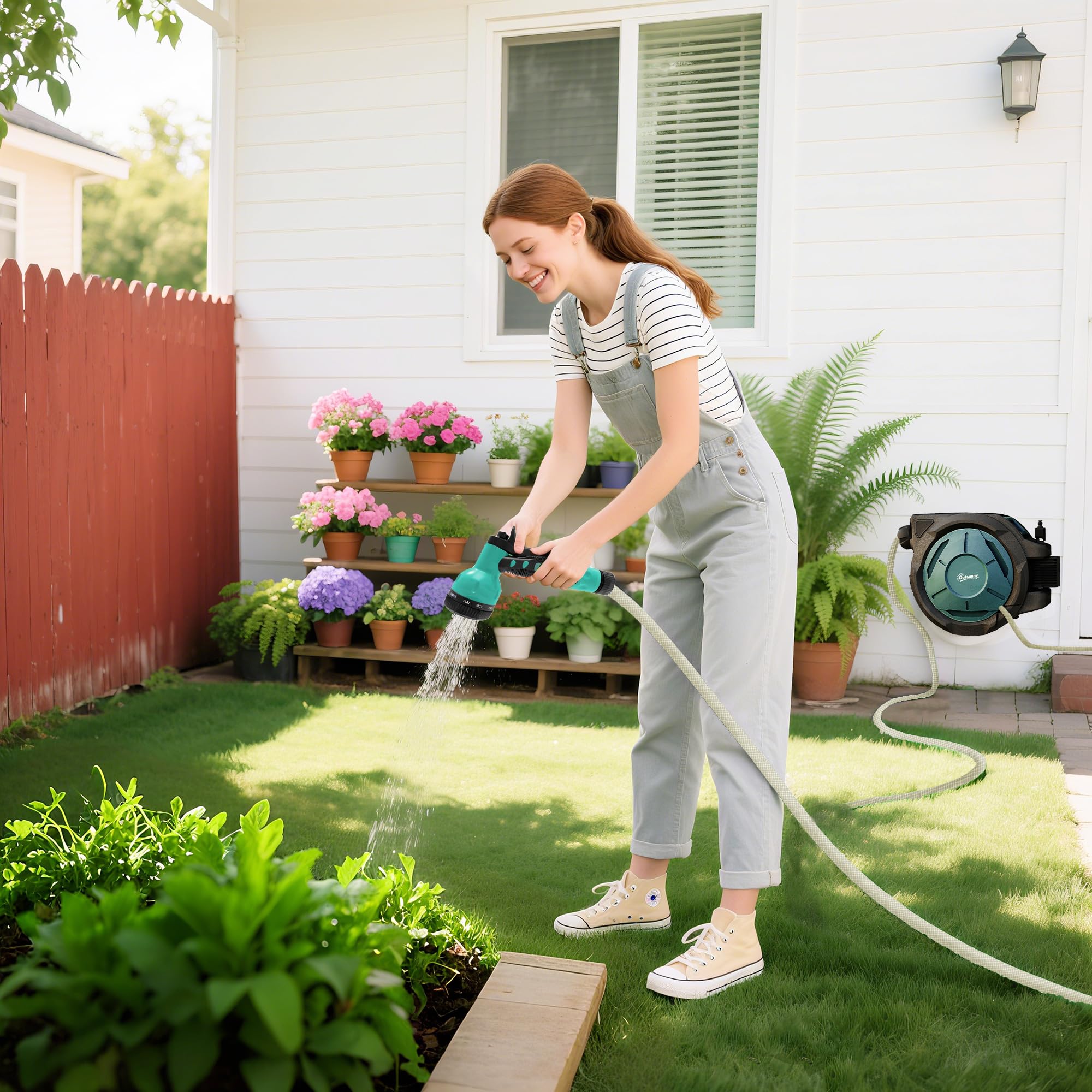 Outsunny Enrouleur Tuyau Arrosage Mural 25 m x Ø 15 mm Automatique Noir | Dévidoir Automatique de Tuyaux d'Eau, Pivotant à 180°, Buse à 7 Modes, pour Jardin et Lavage de Voiture