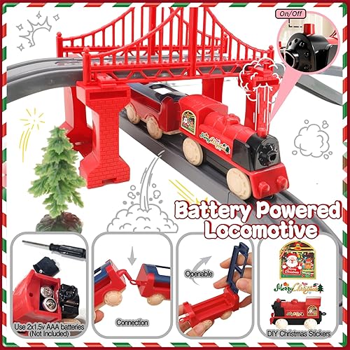 Miniatura 4 de CORPER TOYS Juego de 49 piezas de tren eléctrico de Navidad para niños con pistas de bricolaje, puente, auto de muñeco de nieve y árboles de Navidad