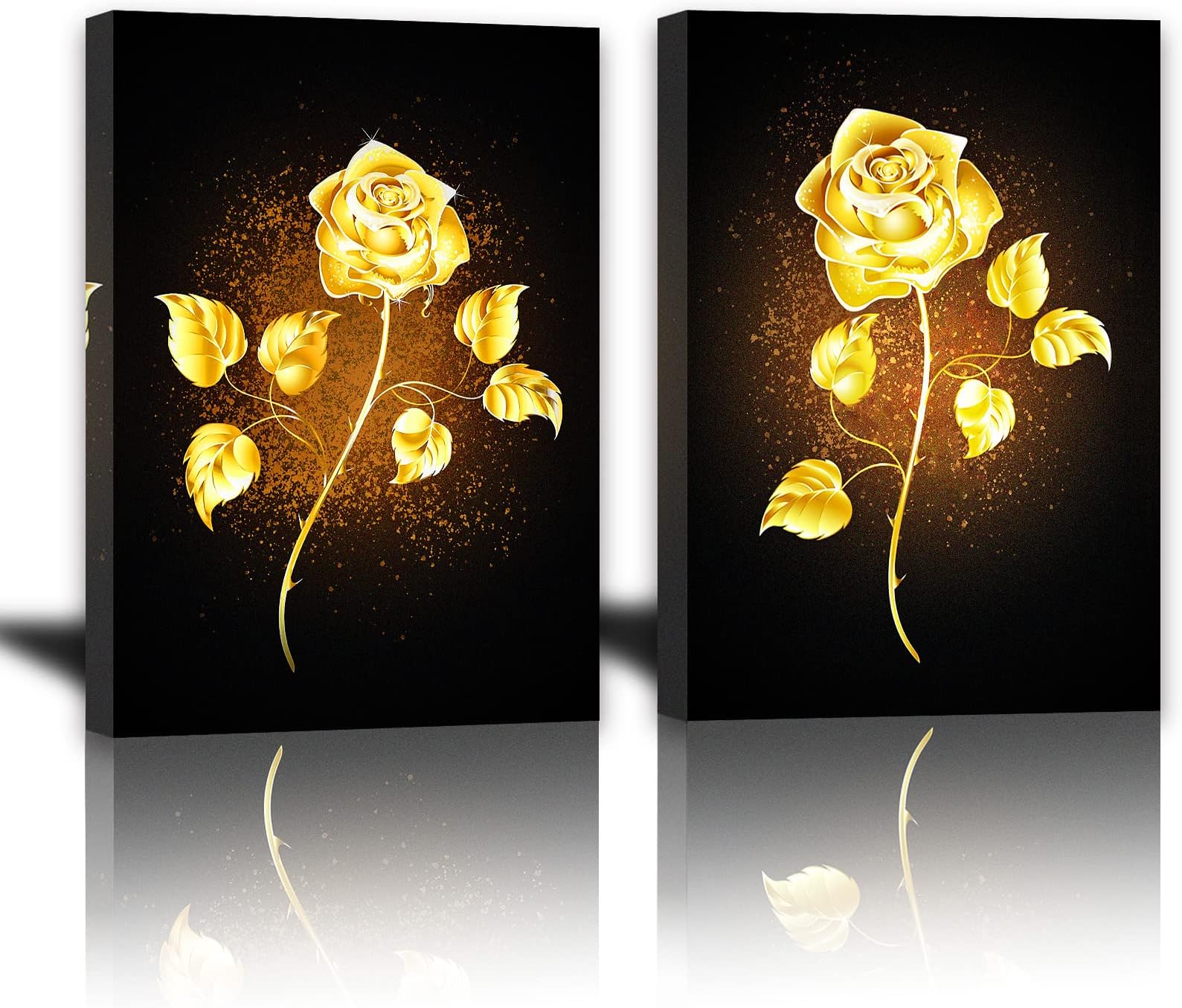 AOHART Golden Yellow Flowers Canvas Wall Art for Bedroom Bathroom Living Room Wall Decoration 12x16inch 2 Panels Framed Brass Color Rose Wall Decor for Home Kitchen Wall Black Gold Floral Prints