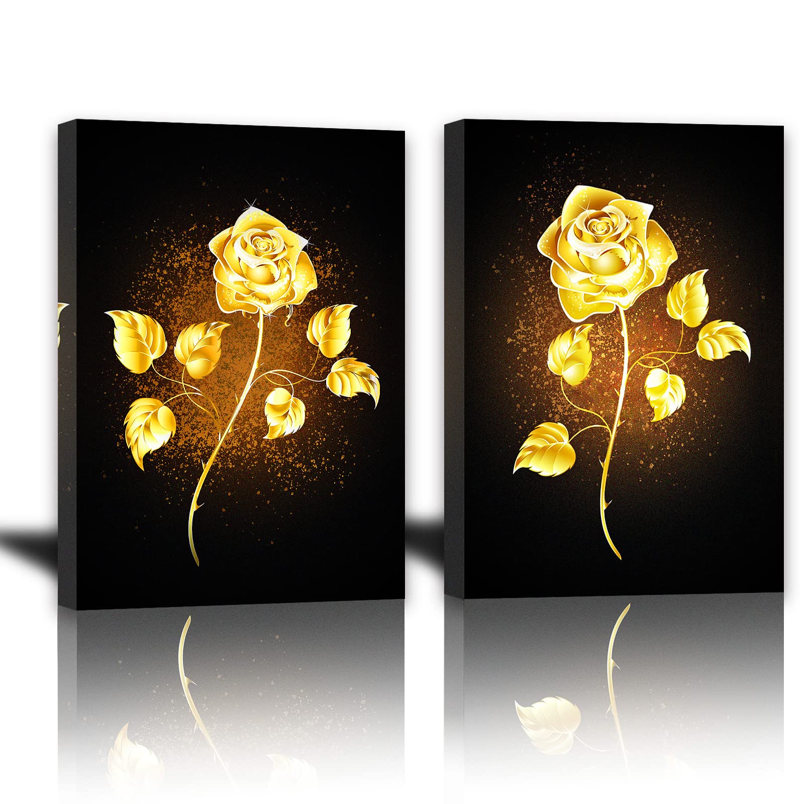 AOHART Golden Yellow Flowers Canvas Wall Art for Bedroom Bathroom Living Room Wall Decoration 12x16inch 2 Panels Framed Brass Color Rose Wall Decor for Home Kitchen Wall Black Gold Floral Prints