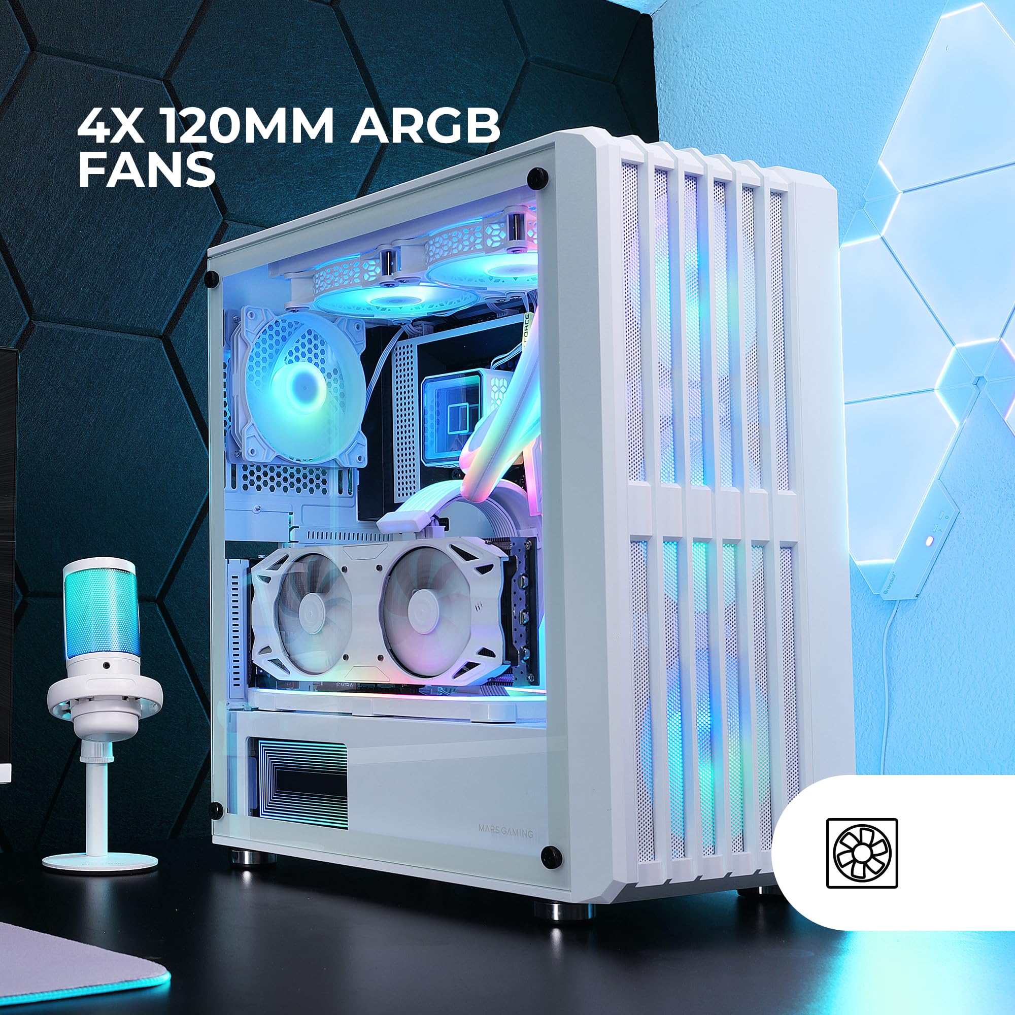 MARSGAMING MC-VAULT, Case Gaming ATX, 4x Ventole ARGB 120mm, Pannello Frontale Mesh con Design Verticale, Finestra Laterale Vetro Temperato, 3x Slot PCI Verticali, Semitorre PC Professionale, Bianco - Vista 3