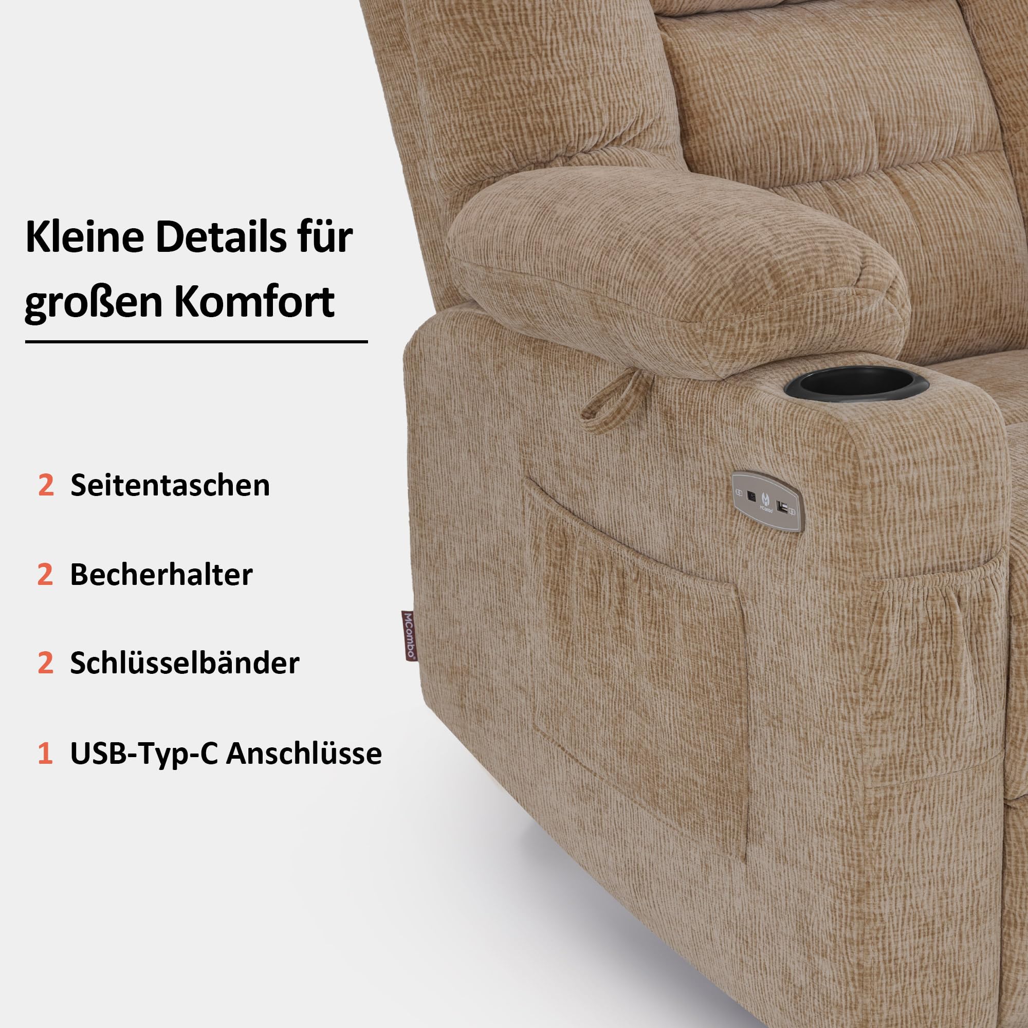M MCombo Fernsehsessel mit Aufstehhilfe Elektrisch, 3 Motoren, Rückenlehne & Beinstütze Getrennt Verstellbar, Relaxsessel mit Liegefunktion bis 170° Verstellbare Kopfstütze 7550 (Chenille, Beige)