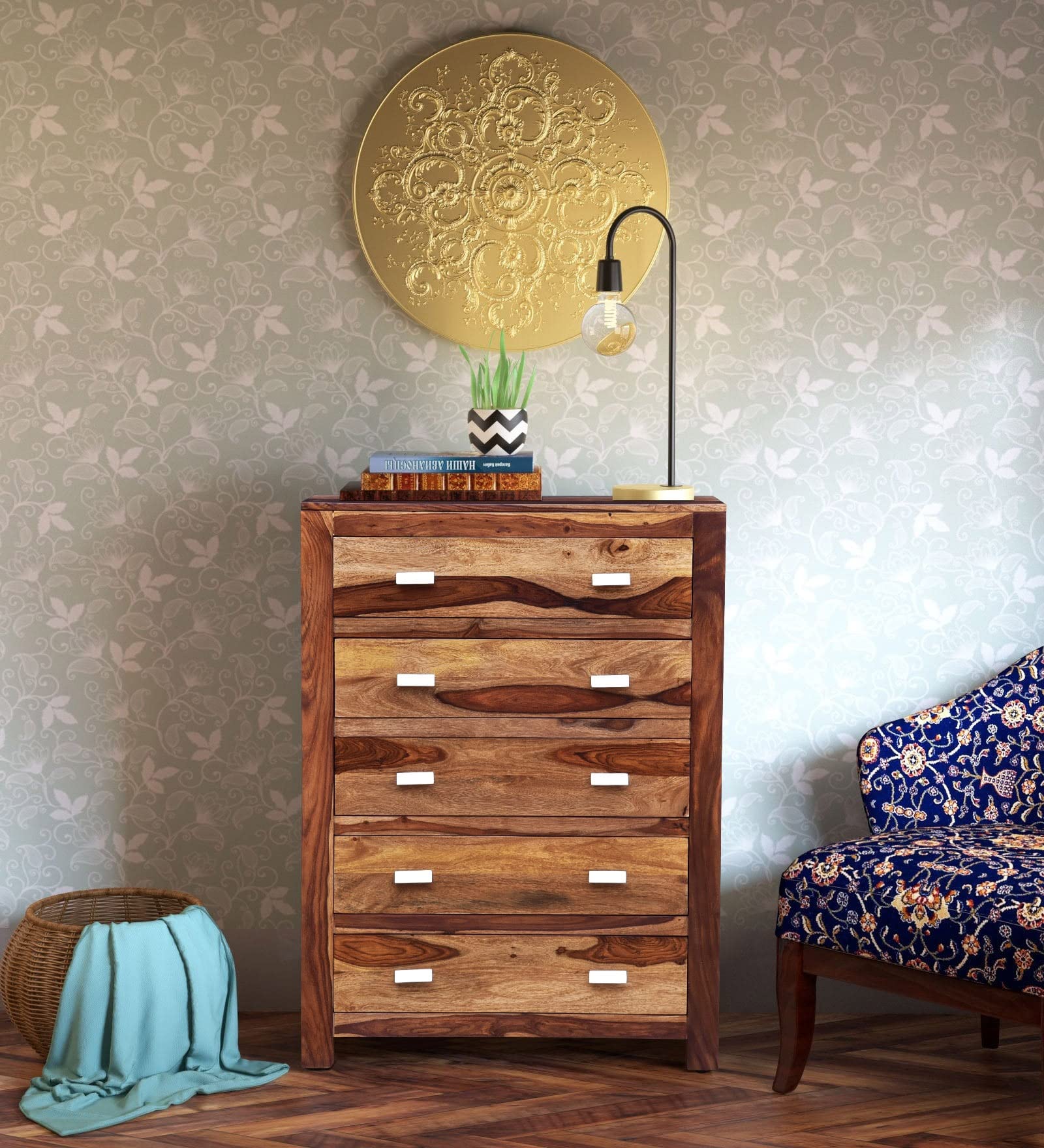 ANGEL FURNITURE Gangaur Solid Sheesham Wood Chest of 5 Drawer (Honey Finish)-image-5