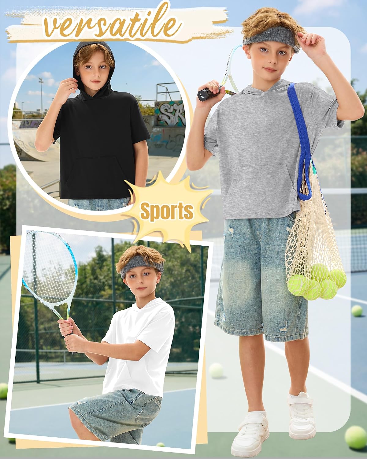 Halfchet 3 Pack Boys Short Sleeve Hoodies Kids Loose Lightweight Sweatshirts Casual Active Athletic Pullovers with Pocket