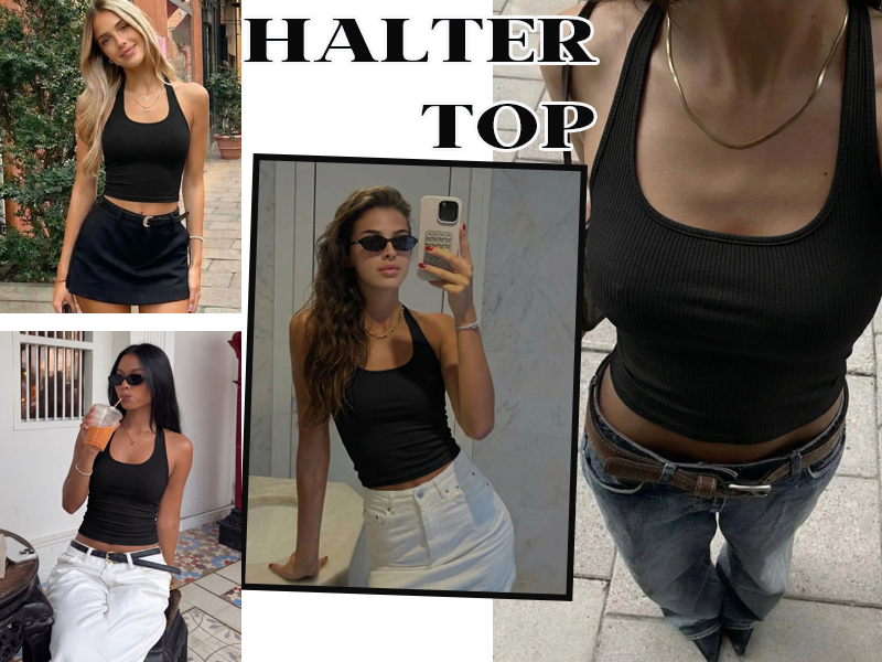 Ekouaer Women Halter Top Backless Scroop Neck Slim Stretchy Ribbed