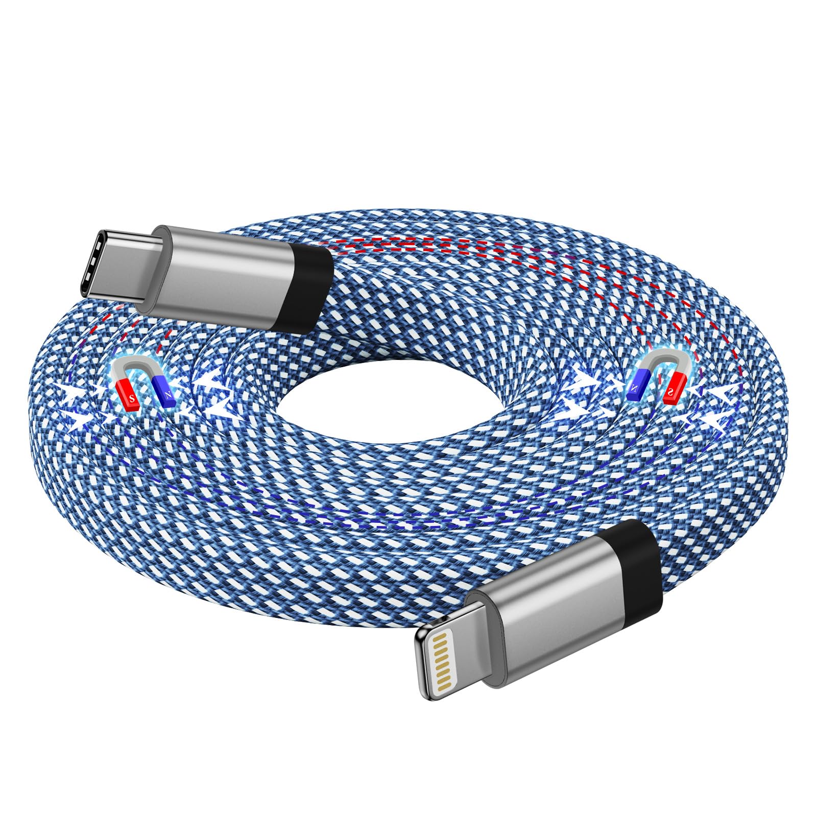 Magtame Light-ning Kabel USB C 1.5M, Magnetisch iPhone Ladekabel, Spiralkabel Aufgerollt Flach iPhone Original Kabel MFi-Zertifiziert Nylon Geflochten Blau für iPhone 14/13/13 Pro/12/12 Pro Max/11 SE