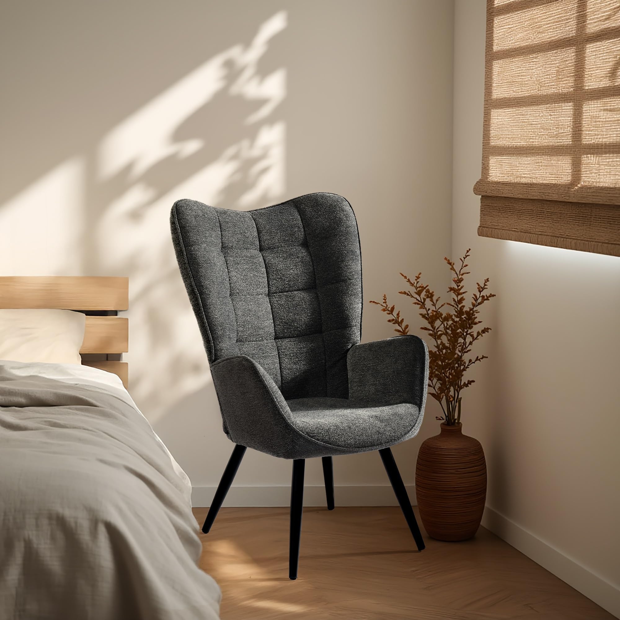 MEUBLE COSY Fotel tapicerowany fotel do salonu z podłokietnikami fotel relaksacyjny z wysokim oparciem metalowe nogi do sypialni salonu, ciemnoszary