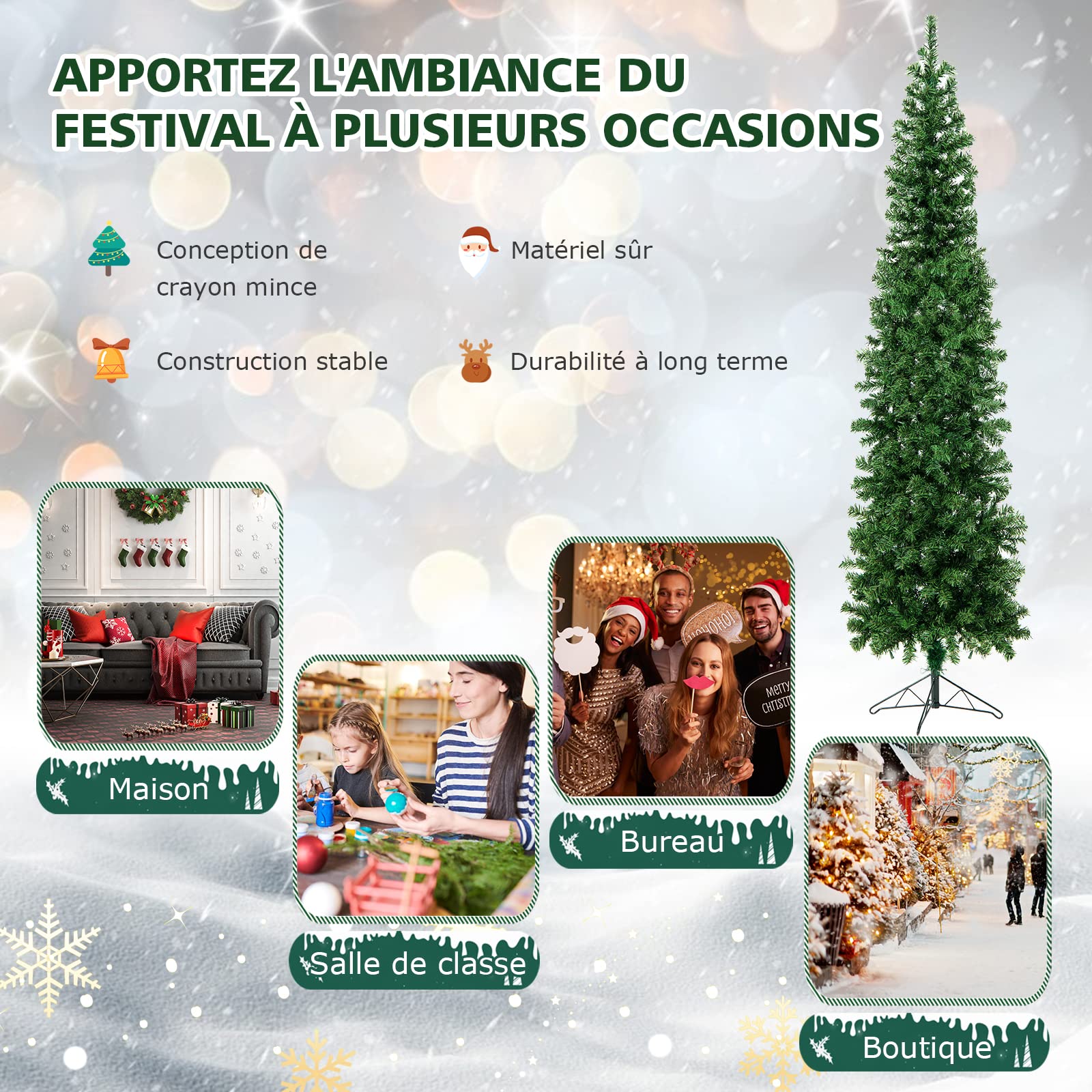 COSTWAY Sapin de Noël Moitié Artificiel 210 cm, 150 Lumières LED Blanc Chaud, Arbre Pliable avec 450 Branches, Support en Métal, Décoration Fête, Convient pour Les Coins