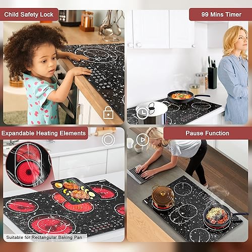 Miniatura 4 de Karinear Placa de cocina eléctrica de 30 pulgadas, estufa eléctrica incorporada, 5 quemadores, placa de cerámica con patrón de mármol, 8400 W, cable
