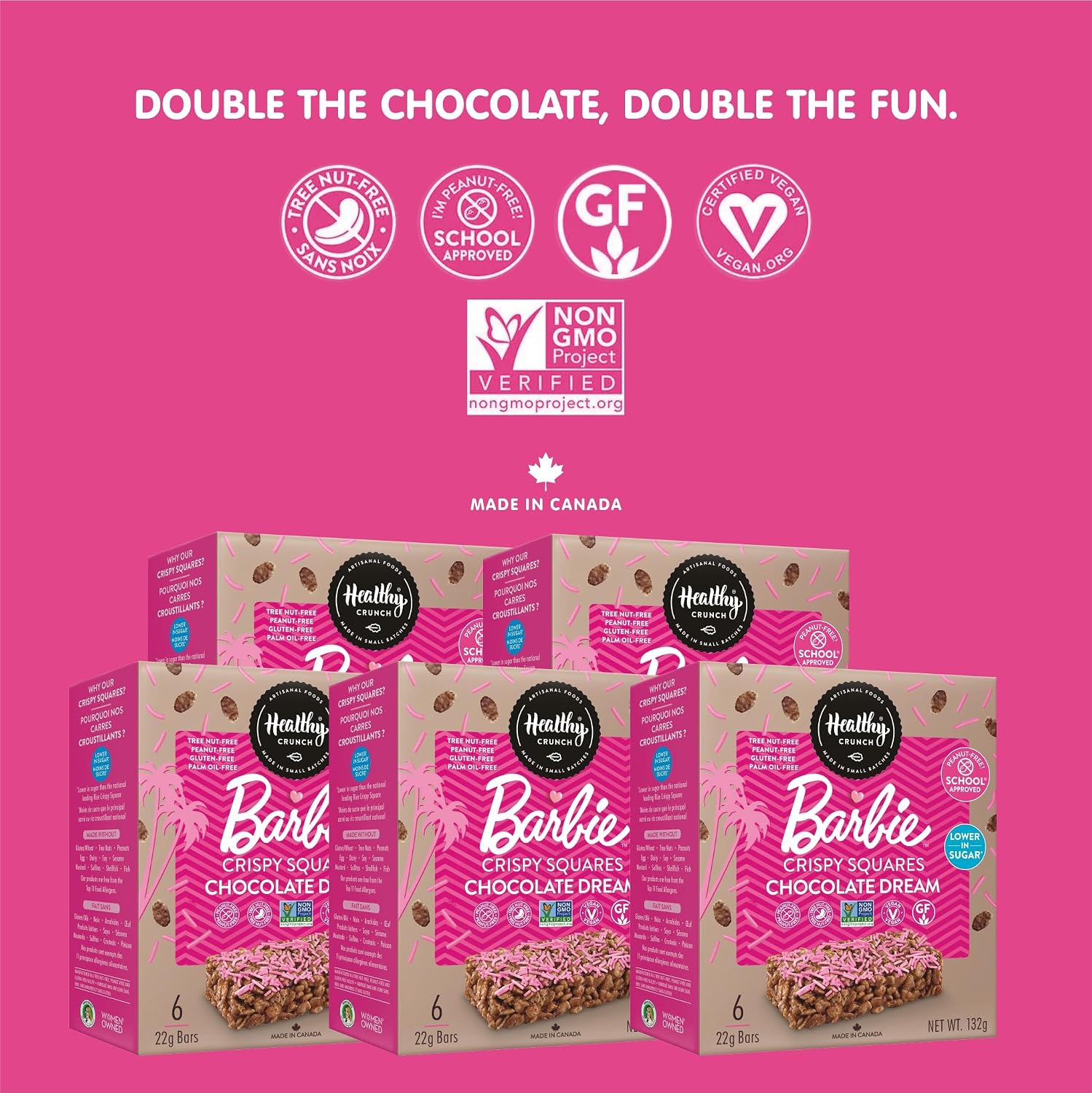 Healthy Crunch Barbie Chocolate Dream Rice Crispy Squares (6 cartons x 132 grams) – Lower Sugar, Allergen-Free, School Approved Snack Bars, Gluten-Free, Peanut-Free, Tree Nut-Free, Vegan Treats for Kids & Families, Super Delicious Snack