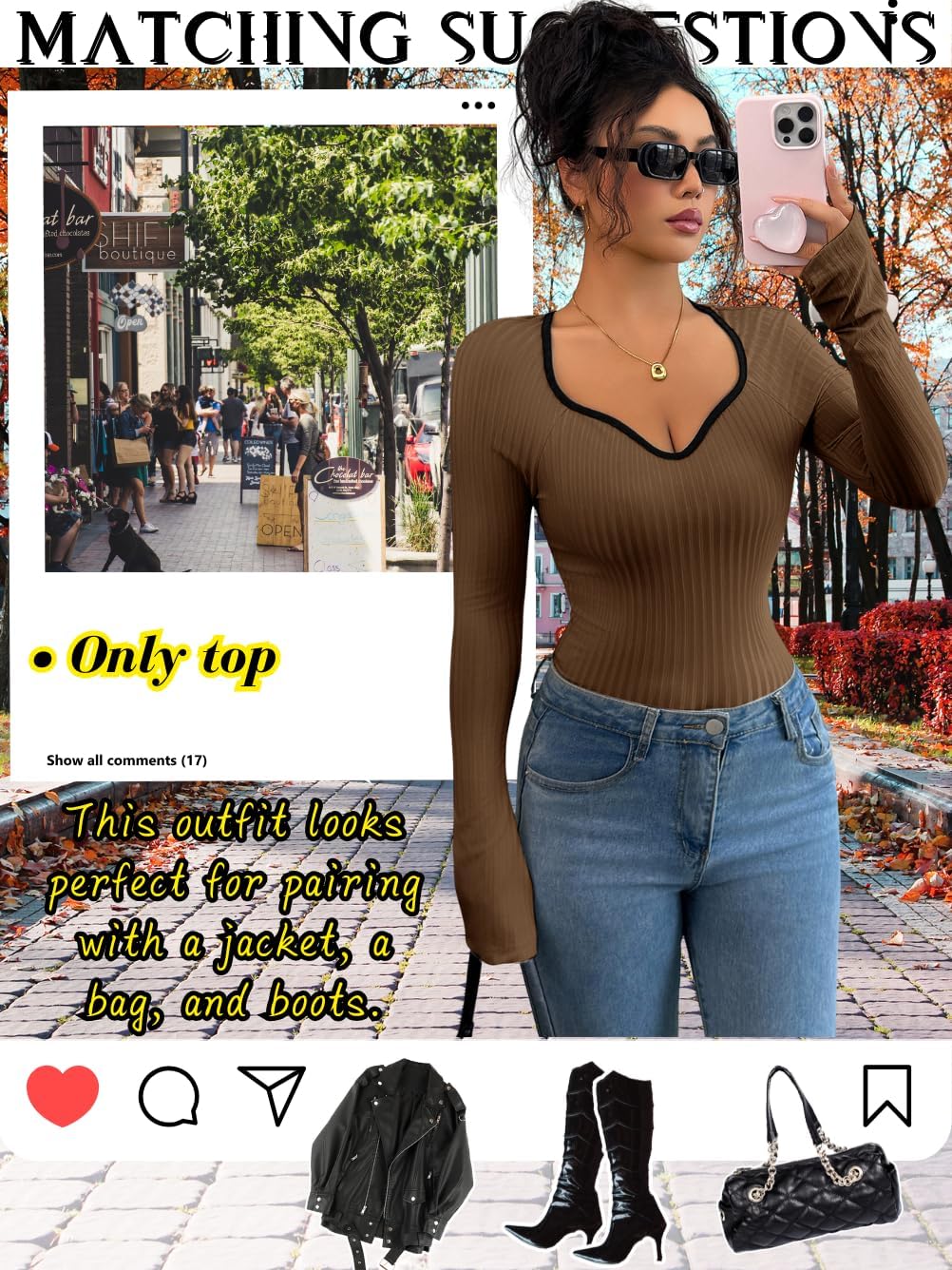 Sweetheart Neckline Top,Ribbed Long Sleeve Tops for Women,Basic Casual Going Out Fitted Shirts - Image 5