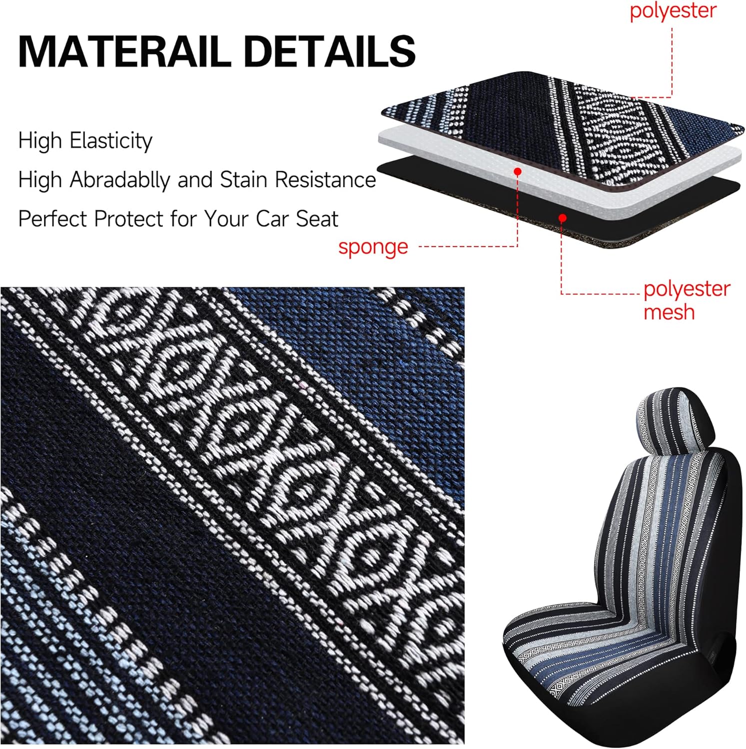 Pariitadin Baja Saddle Blanket Car Seat Covers Front Set with Seat Belt Pads, Washable Breathable Striped Woven Cloth Seat Covers for Cars, Universal Fit Most Cars, Airbag Compatible, Blue