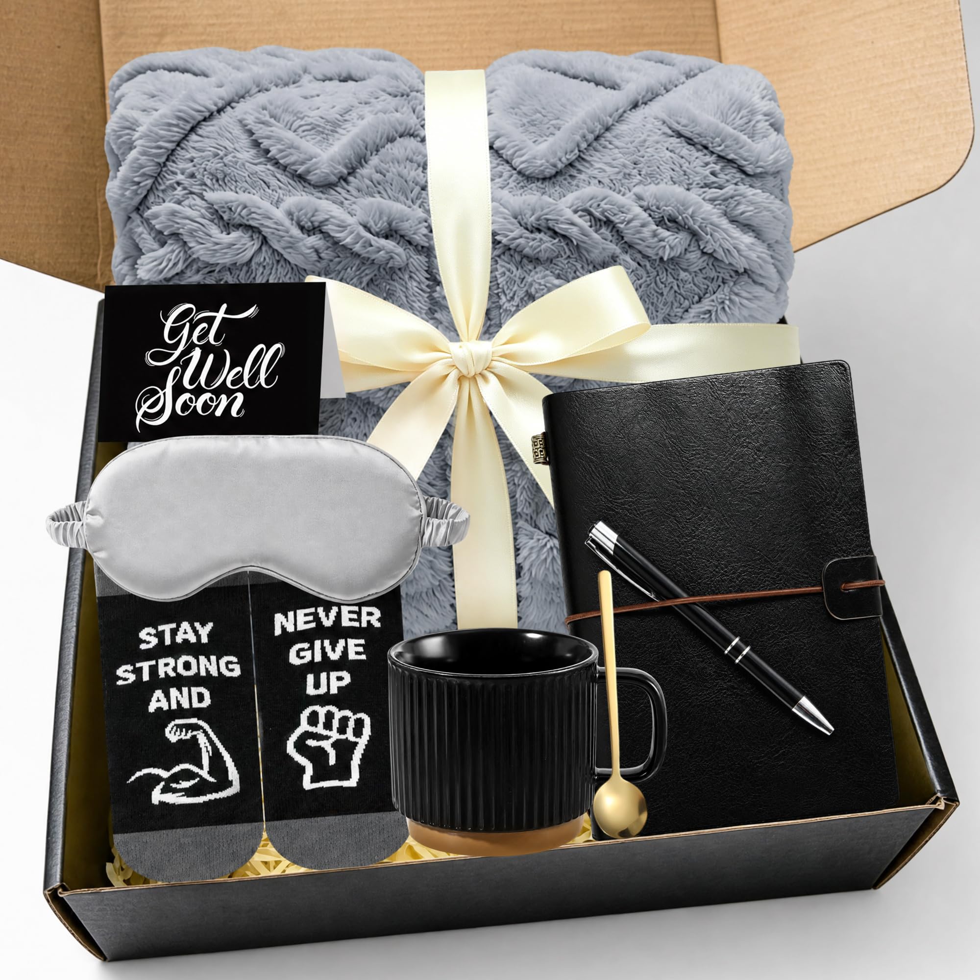 Get Well Soon Gifts for Men - 9PCS Care Package Sympathy Gift Baskets with Plush Blanket, Thinking of You Gifts for Men After Surgery Cancer Gifts for Father Friend Brother Hug in A Box-Cheer Up Gifts