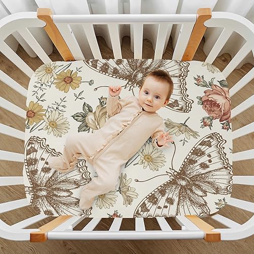 Miniatura 6 de Sábana bajera ajustable para cuna para niños y niñas sábana de punto vintage con diseño de flores de mariposa para colchones estándar de cuna y