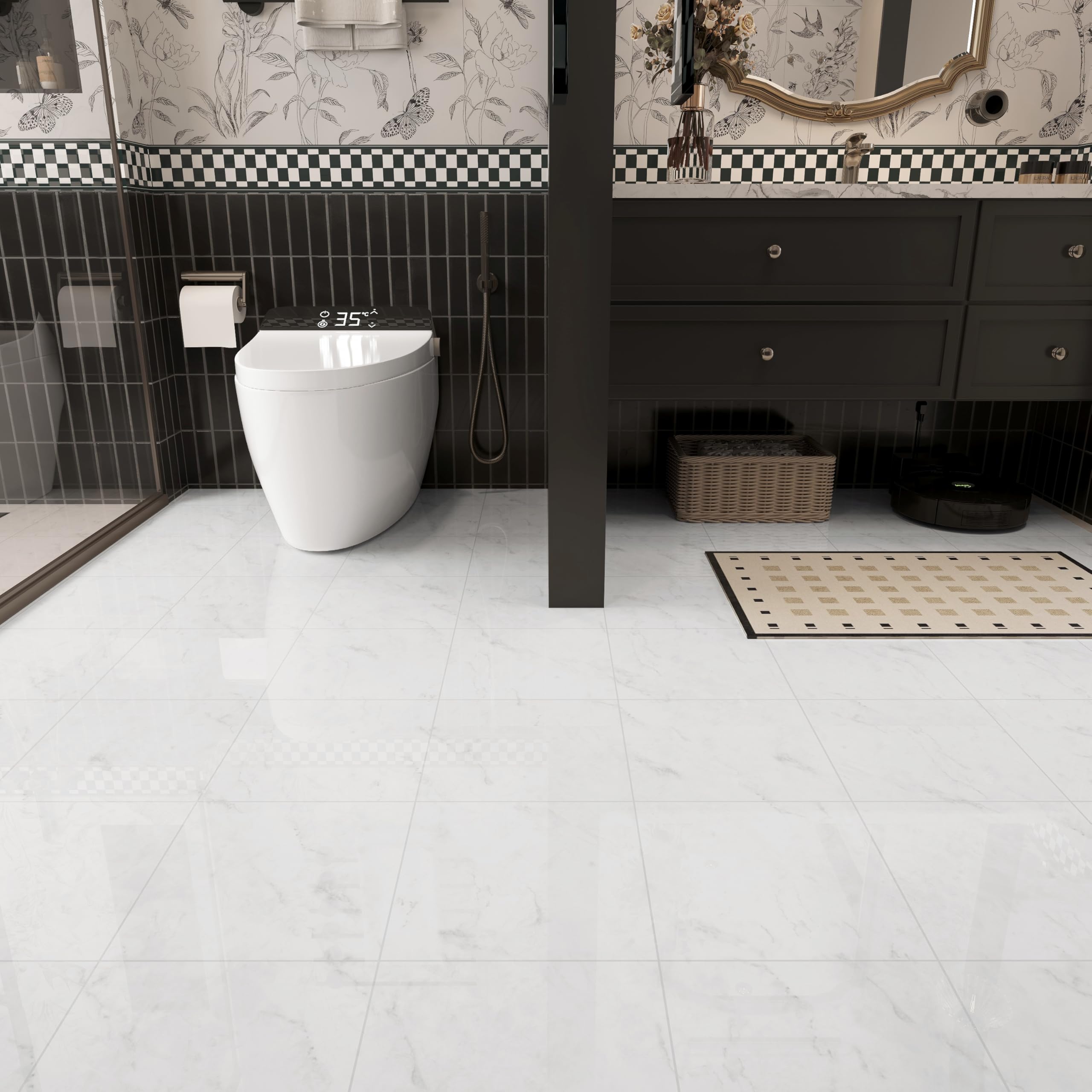 40-Pack Peel and Stick Floor Tiles Vinyl Floor 12 x 12 inch Self Adhesive Waterproof Flooring Planks DIY for Bathroom, Kitchen, Living Room, RV, Cover 40 Sq. Ft, Polish White Marble