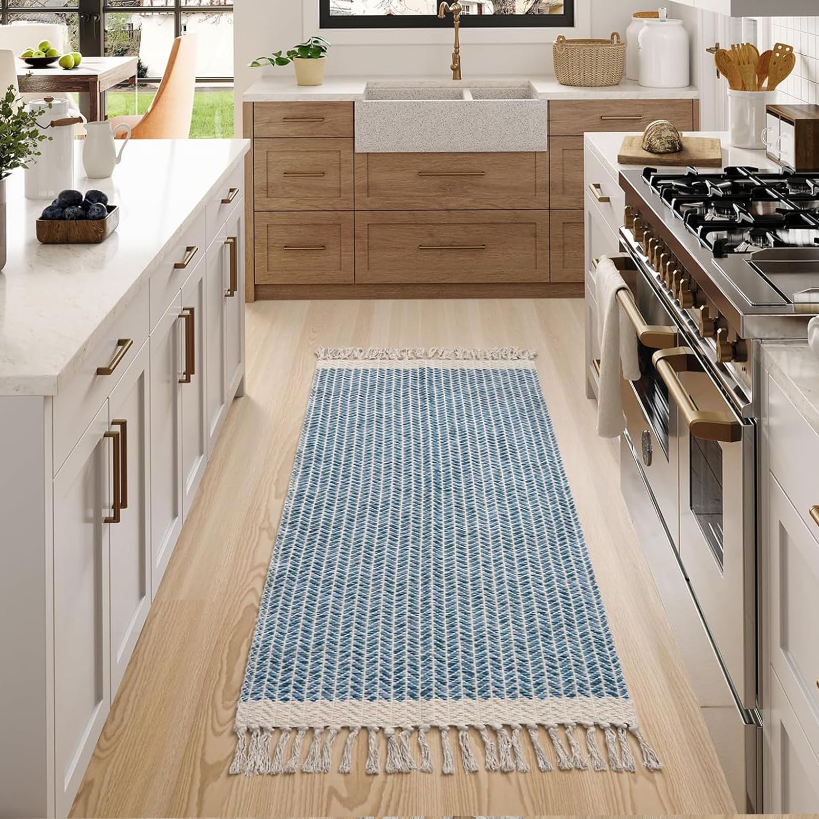 The Seeker Boho Hallway Runner, 60×130 cm Washable Blue Runner Rug for Kitchen, Woven Cotton Low Pile Farmhouse Carpet Runner with Tassels for Hall, Front Door, Bedroom, Bathroom or Living Room — image 1